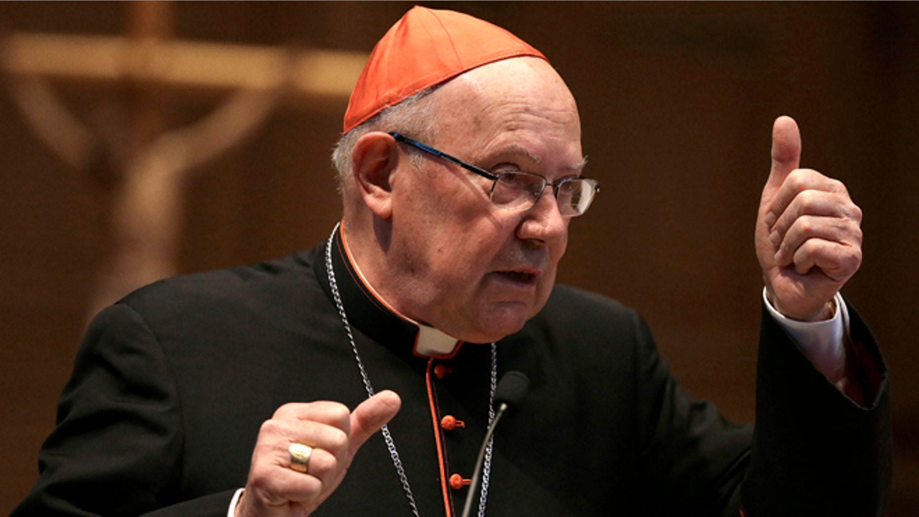 Feb. 25, 2013: Cardinal William Levada gestures during a media conference Monday, at St. Patrick's seminary in Menlo Park, Calif. Levada says retired Los Angeles Cardinal Roger Mahony should participate in the process of the selection of the next pope. His comments came in the wake of a grass-roots campaign to shame Mahony into refraining from participating because of his role protecting sexually abusive priests.