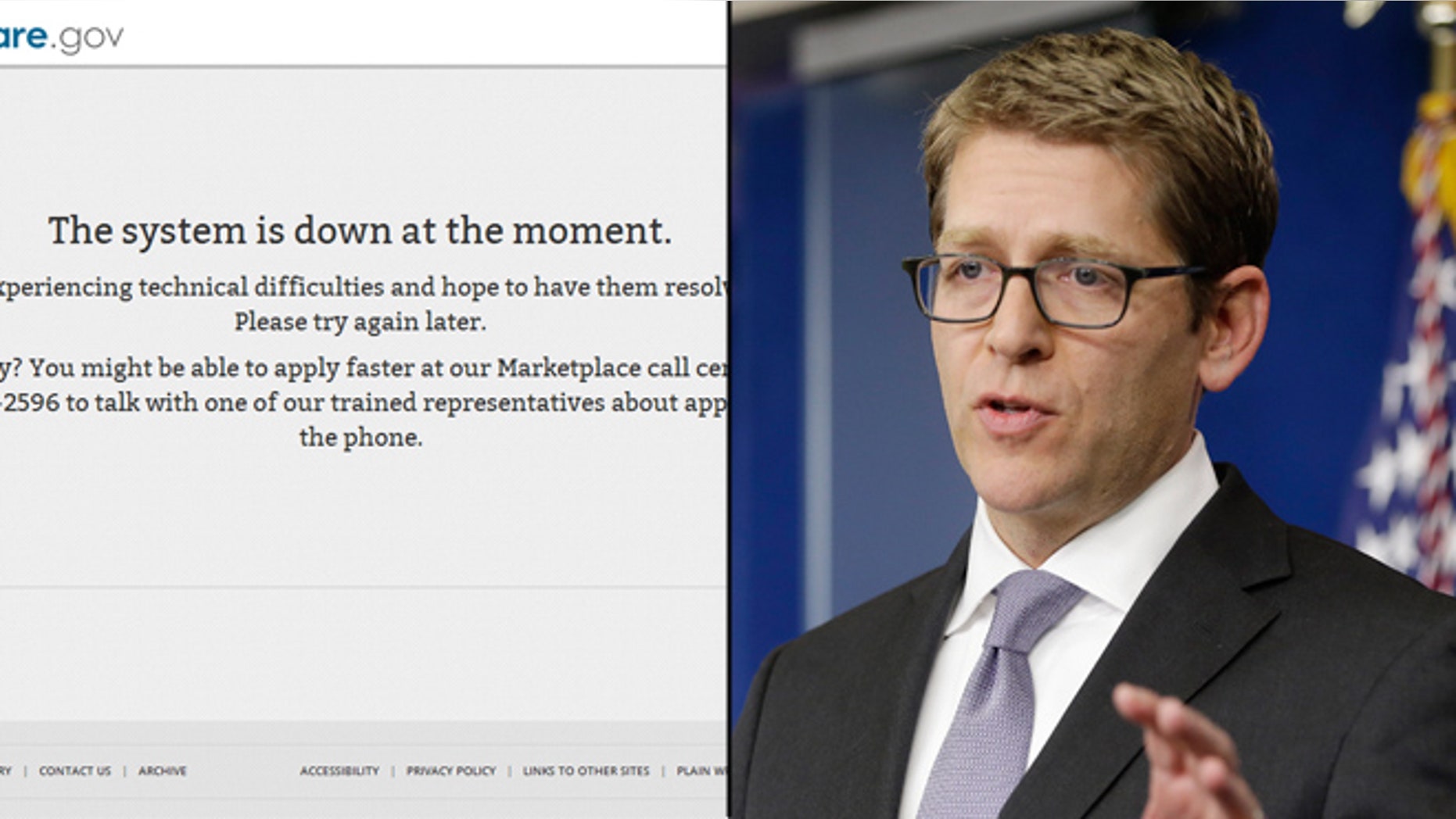Shown at left is a screen from the HealthCare.gov website. At right, White House Press Secretary Jay Carney.