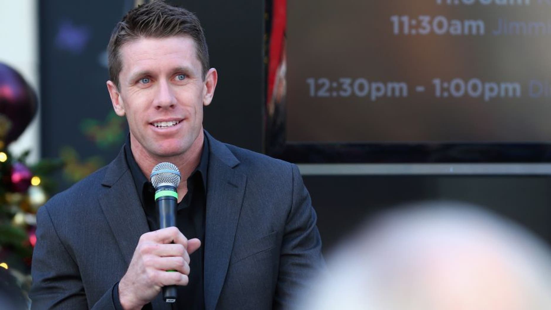 LAS VEGAS, NV - DECEMBER 02: NASCAR Sprint Cup Series driver Carl Edwards participates in a Q&A session on the main stage at The LINQ Hotel & Casino on December 2, 2015 in Las Vegas, Nevada. (Photo by Sarah Crabill/NASCAR via Getty Images)