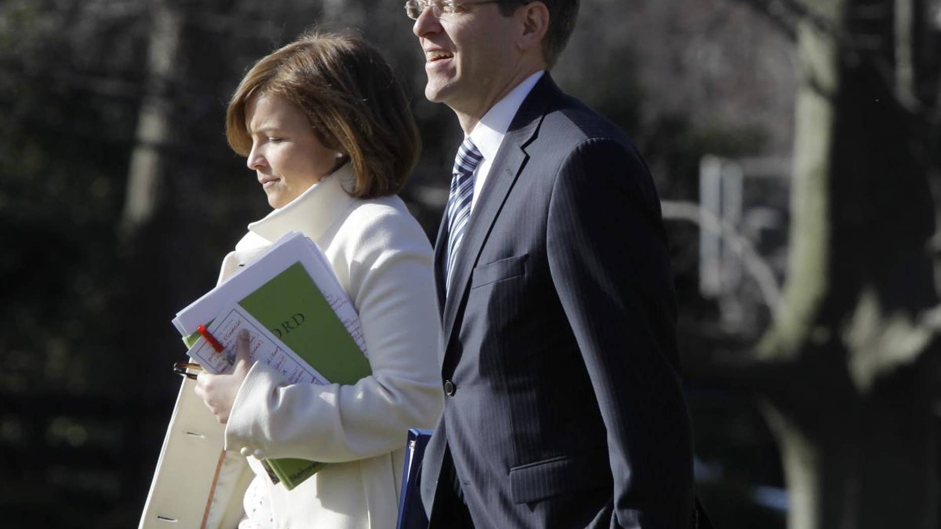 White House Press Secretary Jay Carney, who starts his new job today, walks to Marine One Monday, Feb. 14, 2011. (AP Photo/Charles Dharapak)