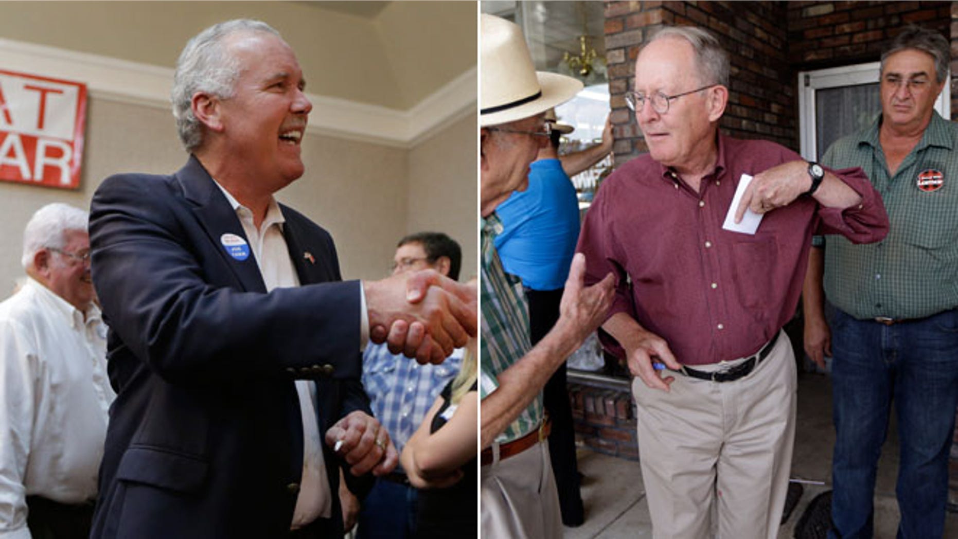 In this July 22, 2014 photo, Joe Carr greets supporters at a campaign stop in Nashville, Tenn and Sen. Lamar Alexander, campaigns in Lawrenceburg, Tenn., in this Aug. 5, 2014 photo.