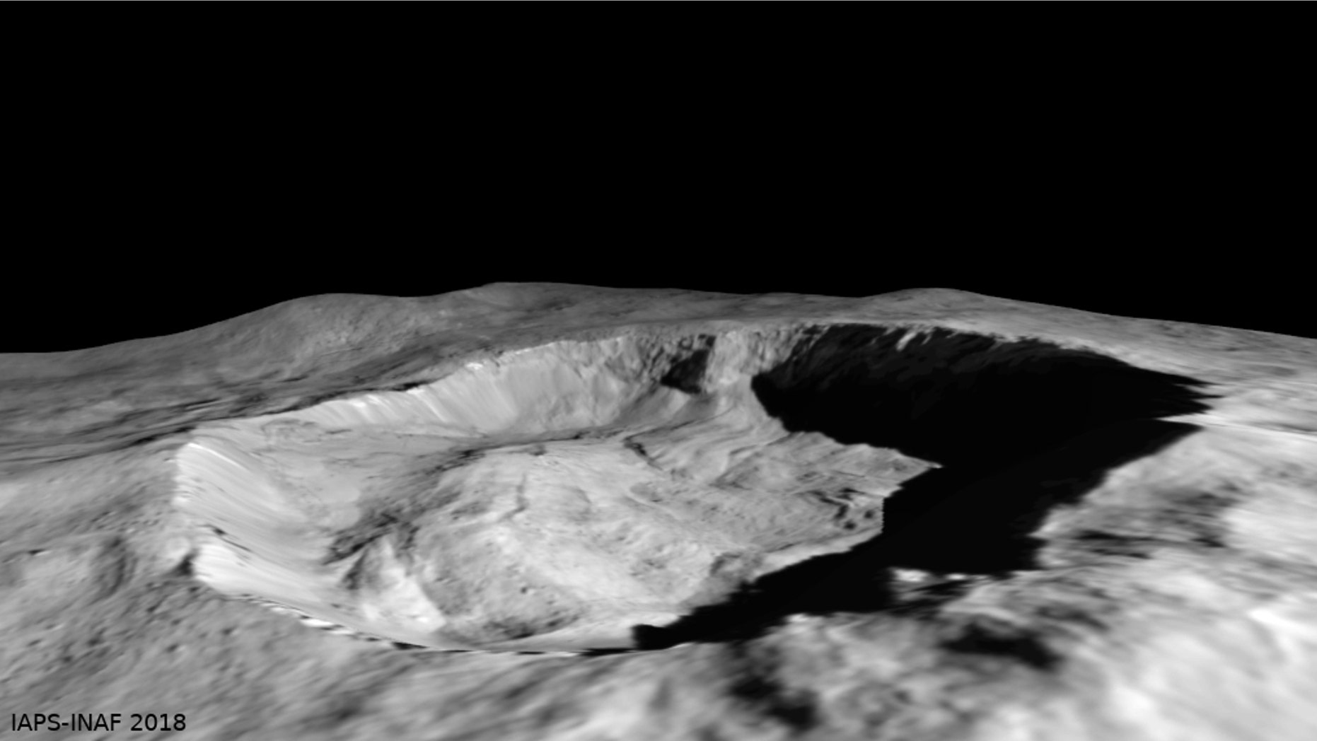 A reconstructed perspective of Juling Crater, where a patch of water ice is slowly growing on the northern wall.