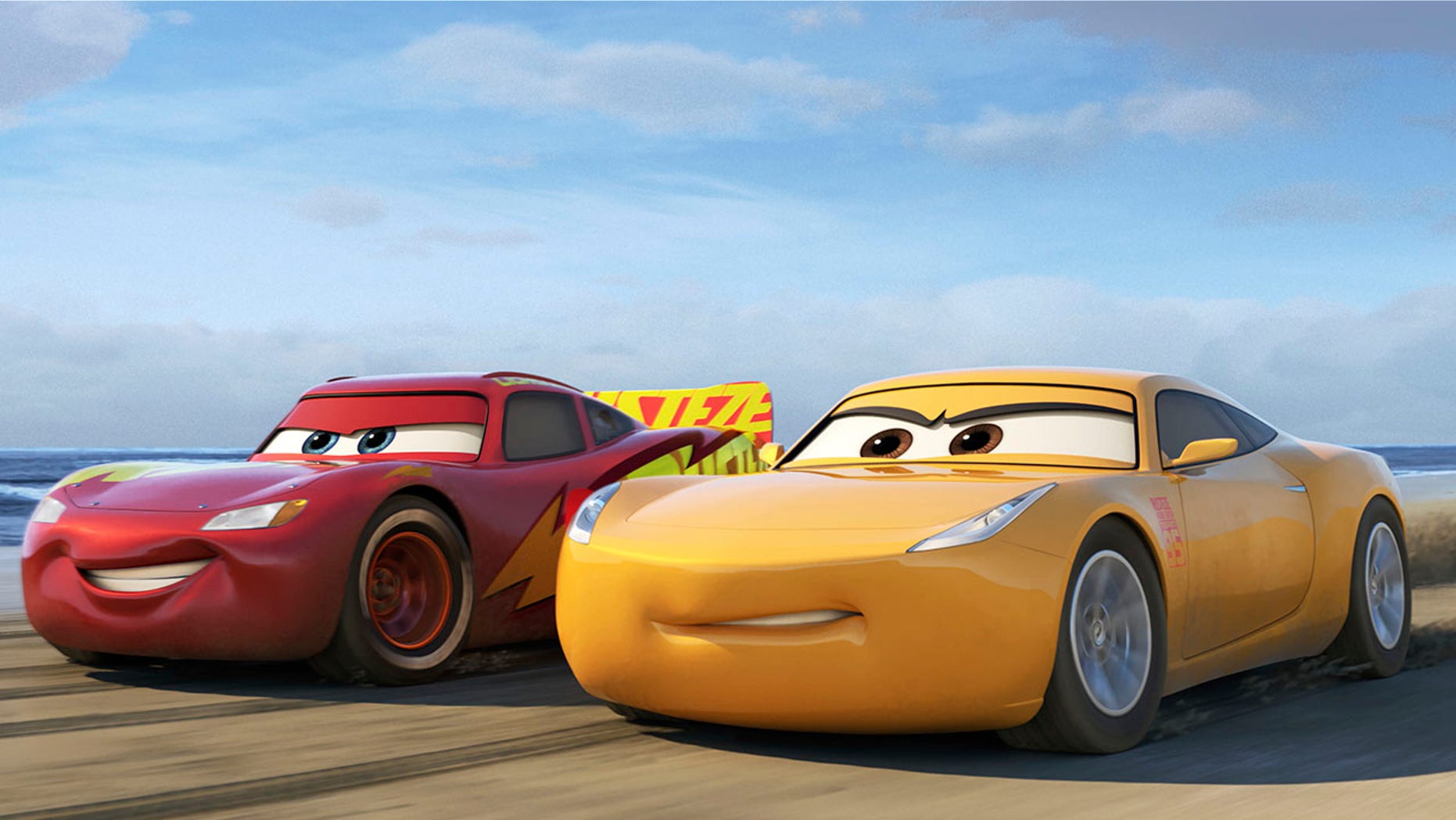 This image released by Disney shows Lightning McQueen, voiced by Owen Wilson, left, and Cruz Ramirez, voiced by Cristela Alonzo in a scene from "Cars 3." (Disney-Pixar via AP)
