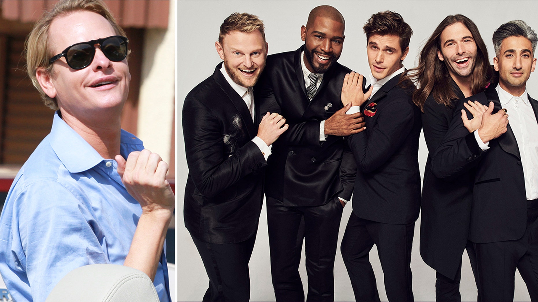 Carson Kressley, left, who starred on the original series "Queer Eye For The Straight Guy," made a subtle dig at the cast of the Netflix reboot "Queer Eye." From l-r after Kressley: Bobby Berk, Karamo Brown, Antoni Porowski, Jonathan Van Ness and Tan France.