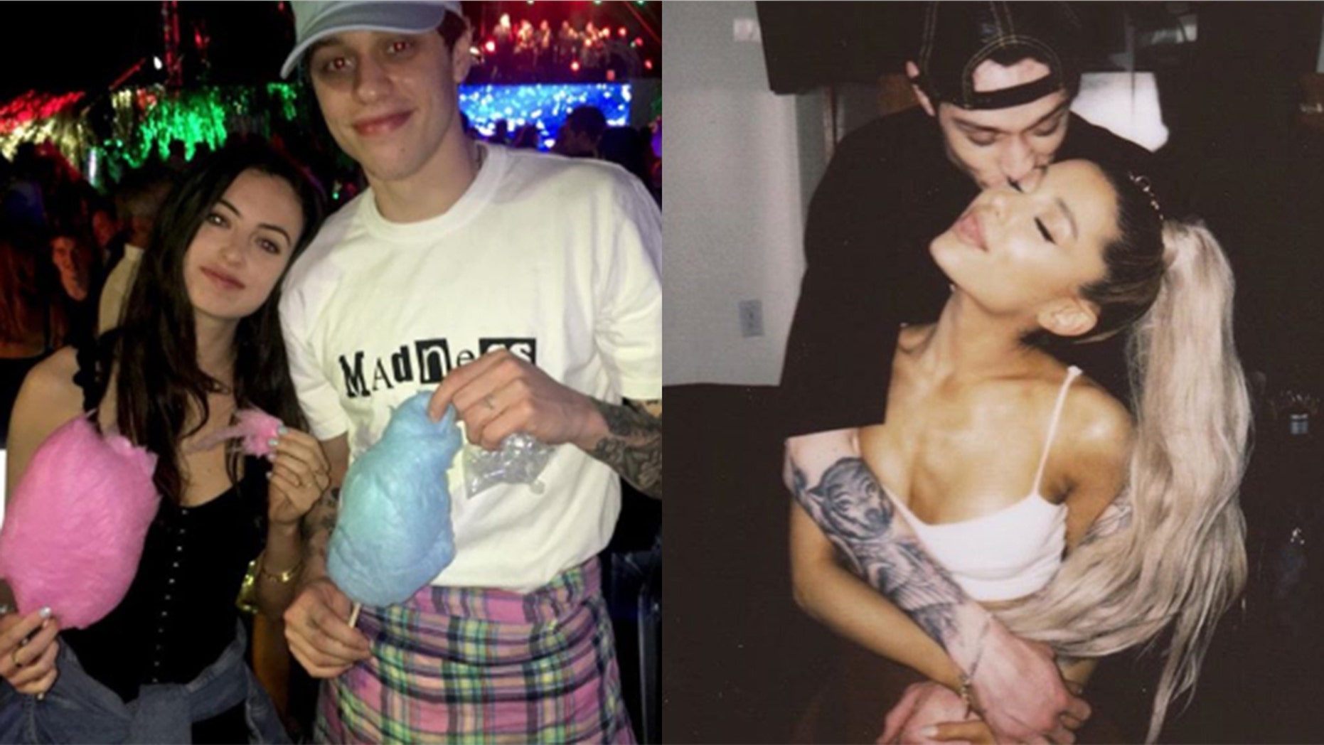 Cazzie David, left, and Pete Davidson pictured just days before their break up. The pair dated since 2015 before Davidson began romancing pop singer Ariana Grande, right