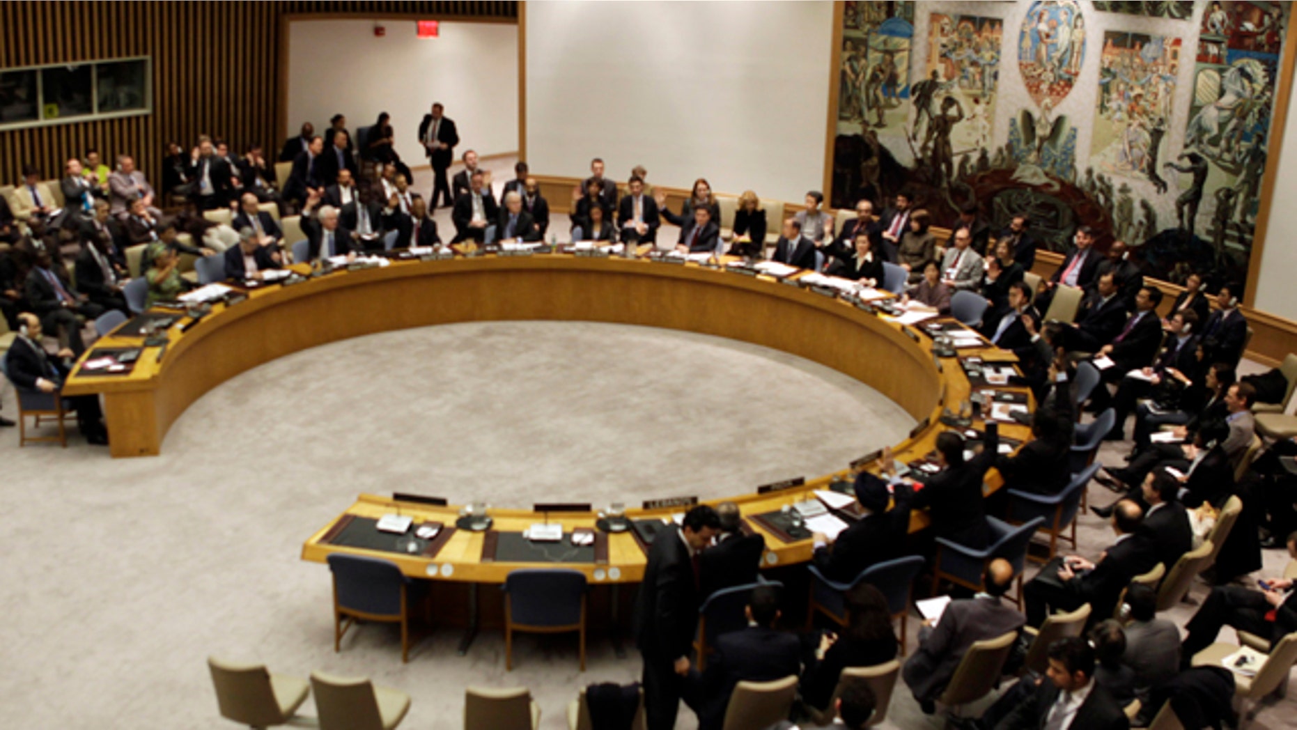 Feb. 26, 2011: United Nations Security Council votes on the peace and security in Africa at U. N. headquarters. The U.N. Security Council met urgently Saturday to consider new sanctions against Libya to halt a violent crackdown on anti-government protesters.