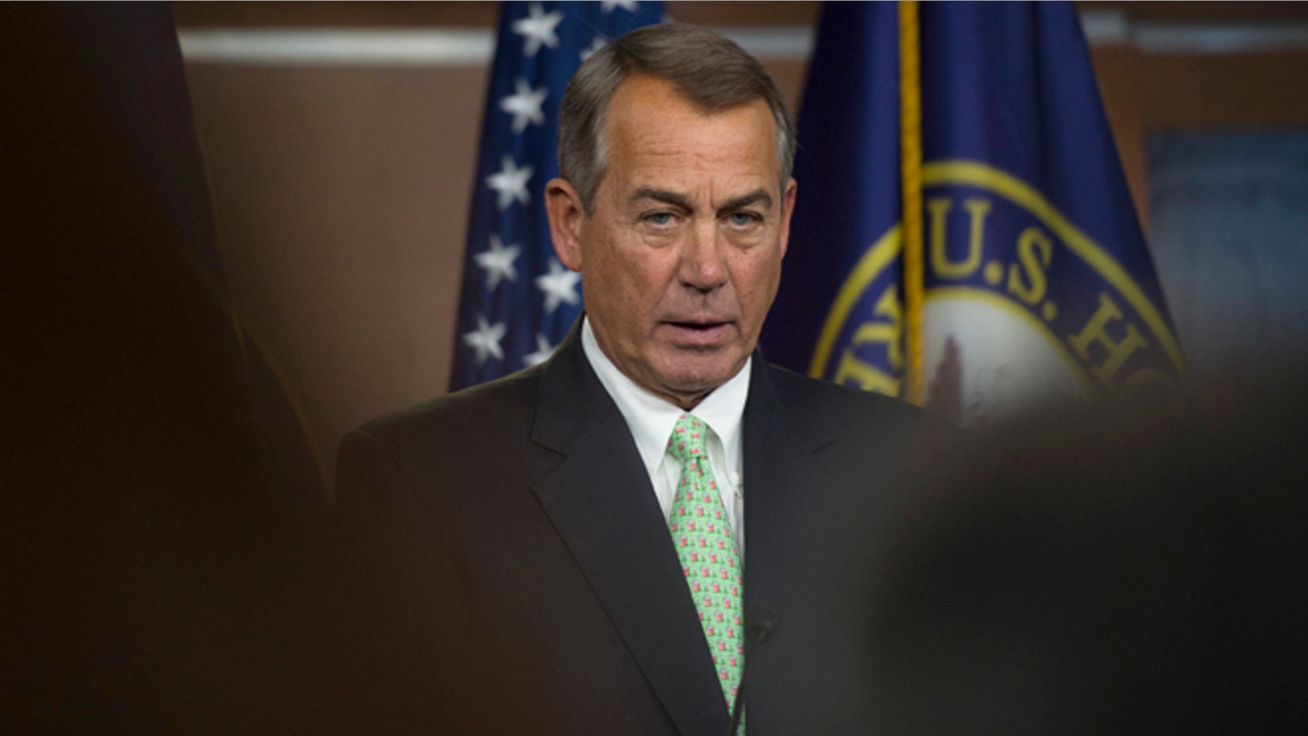 House Speaker John Boehner of Ohio speaks during a news conference on Capitol Hill in Washington, Thursday, Feb. 12, 2015. Boehner refused to rule out a potential shutdown at the Department of Homeland Security because of a congressional impasse over funding. (AP Photo/Molly Riley)