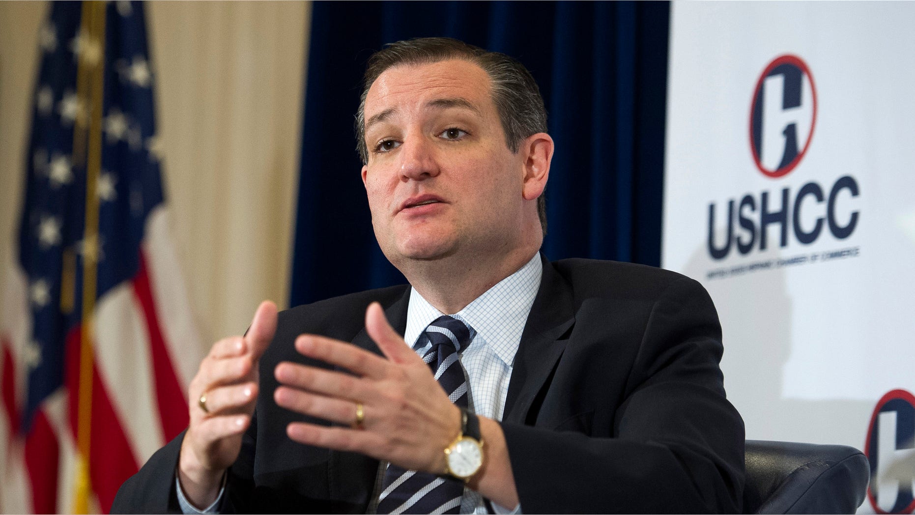 Republican presidential candidate Sen. Ted Cruz, R-Texas gestures while he talks at the U.S. Hispanic Chamber of Commerce (USHCC), Wednesday, April 29, 2015, at the National Press Club in Washington. (AP Photo/Cliff Owen)