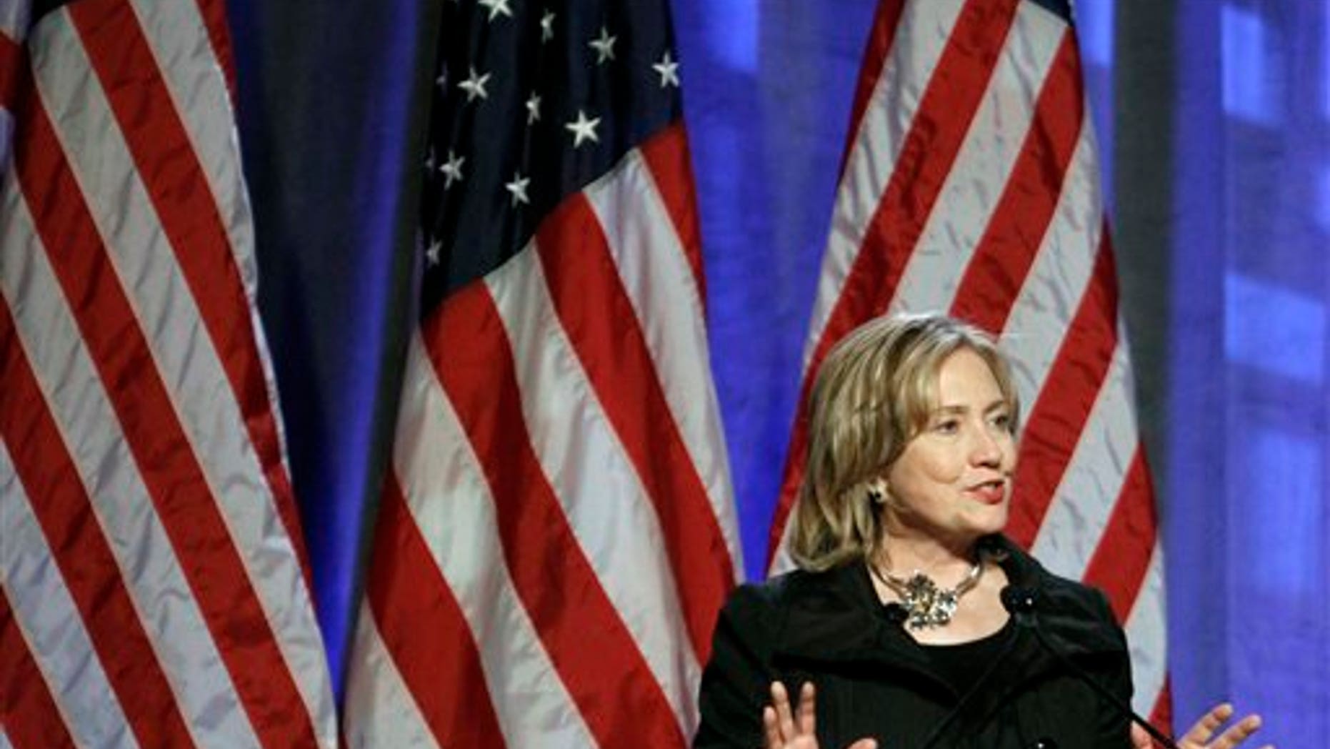 U.S. Secretary of State Hillary Clinton gestures speaking before the Commonwealth Club Friday, Oct. 15, 2010, in San Francisco. Clinton delivered a speech regarding climate change, American leadership, and the future of women. (AP Photo/Ben Margot)