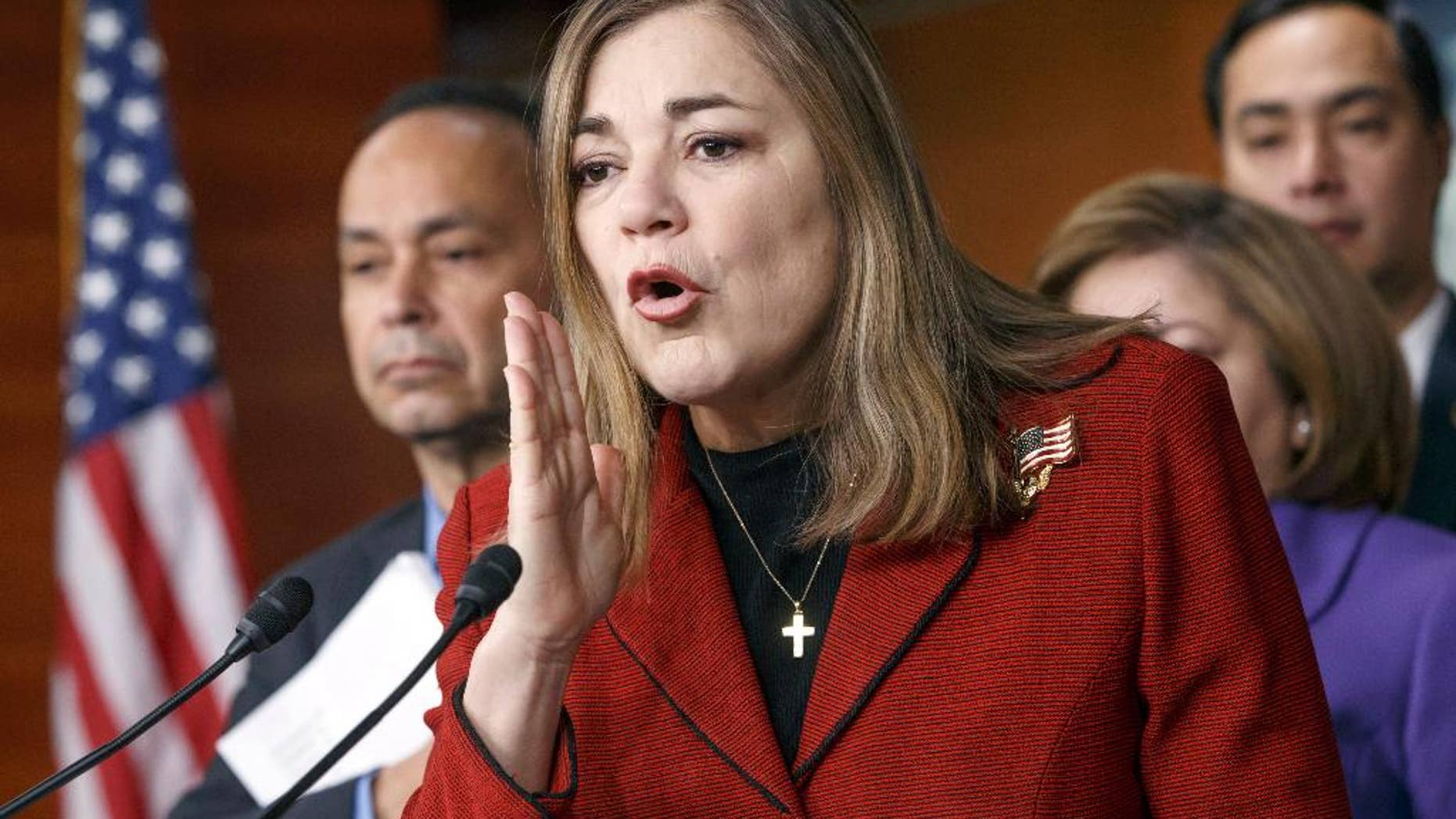 FILE - In this Feb. 13, 2015, file photo, Rep. Loretta Sanchez, D-Calif., speaks during a Congressional Hispanic Caucus news conference on Capitol Hill in Washington. Sanchez, now also a US. Senate candidate, is being criticized after suggesting that as many as two of 10 Muslims would engage in terrorism to establish a strict Islamic state. Sanchez said in a statement Friday, Dec. 11, 2015 that the figure does not reflect her views on the Muslim community in America, and most Muslims around the world are committed to peace.(AP Photo/J. Scott Applewhite, File)