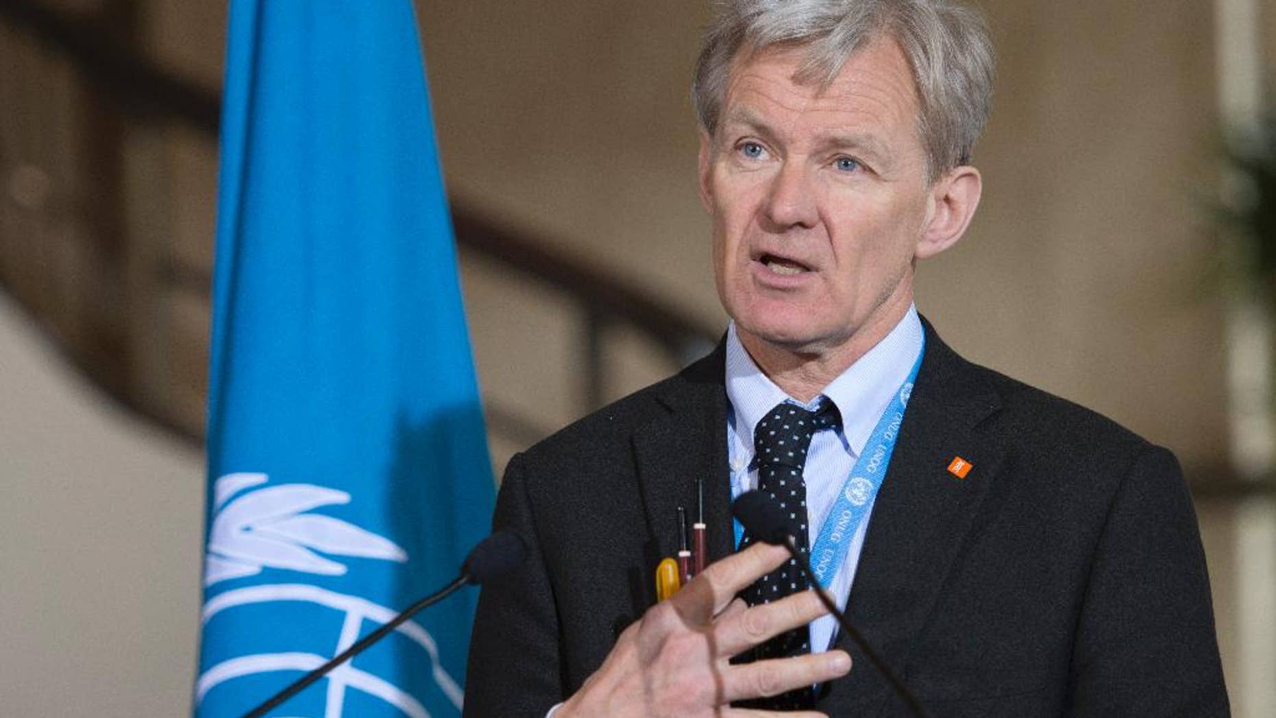 Jan Egeland, Senior Advisor to the United Nations Special Envoy for Syria, speaks about the International Syria Support Group's Humanitarian Access Task Force update at the European headquarters of the United Nations in Geneva, Switzerland, Thursday, April 7, 2016. (Martial Trezzini/Keystone via AP)