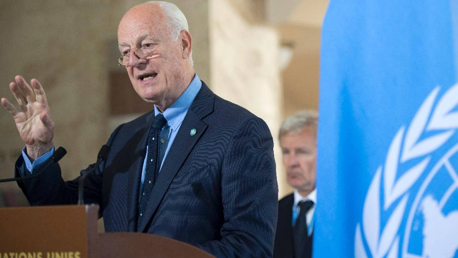Staffan de Mistura, left, UN Special Envoy for Syria next to Jan Egeland, right, Senior Advisor to the United Nations Special Envoy for Syria, speaks about the International Syria Support Group's Humanitarian Access Task Force at the European headquarters of the United Nations, in Geneva, Switzerland, Thursday, June 23, 2016. (Martial Trezzini/Keystone via AP)