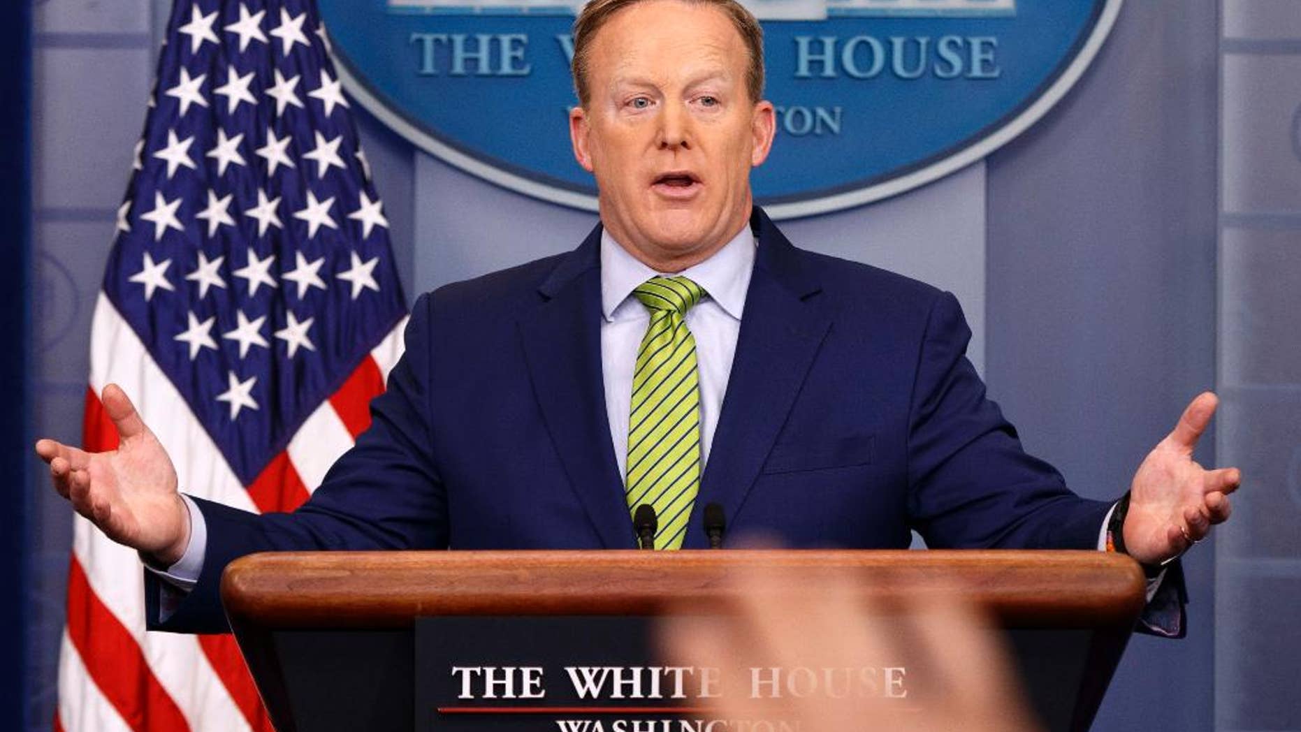 White House press secretary Sean Spicer speaks during the daily press briefing, Thursday, Feb. 2, 2017, in the briefing room of the White House in Washington. (AP Photo/Evan Vucci)