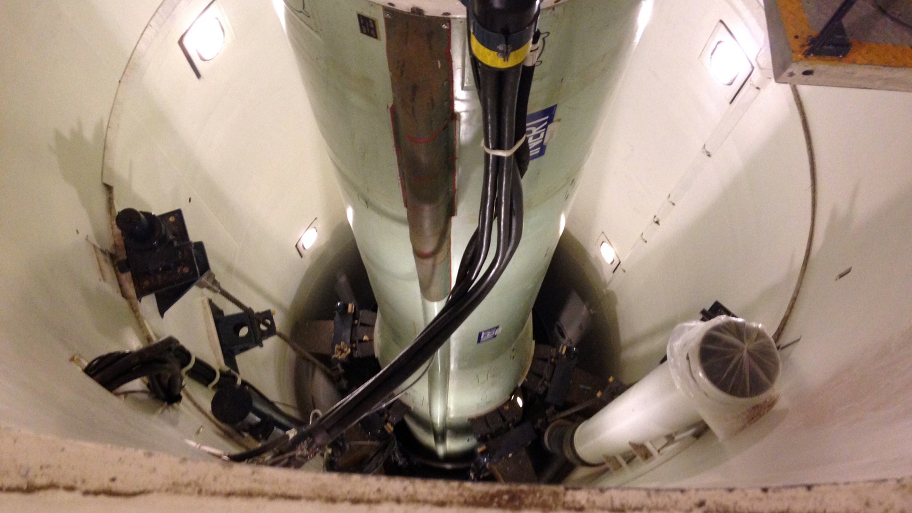 This photo taken Jan. 9, 2014 shows a mockup of a Minuteman 3 nuclear missile used for training by missile maintenance crews at F. E. Warren Air Force Base, Wyo. In taking a deep look at trouble inside U.S. nuclear forces, Defense Secretary Chuck Hagel is searching for the root causes of recent Air Force missteps but also for ways to make the nuclear warrior’s job more attractive when the military has turned its attention away from such weapons. (AP Photo/Robert Burns)