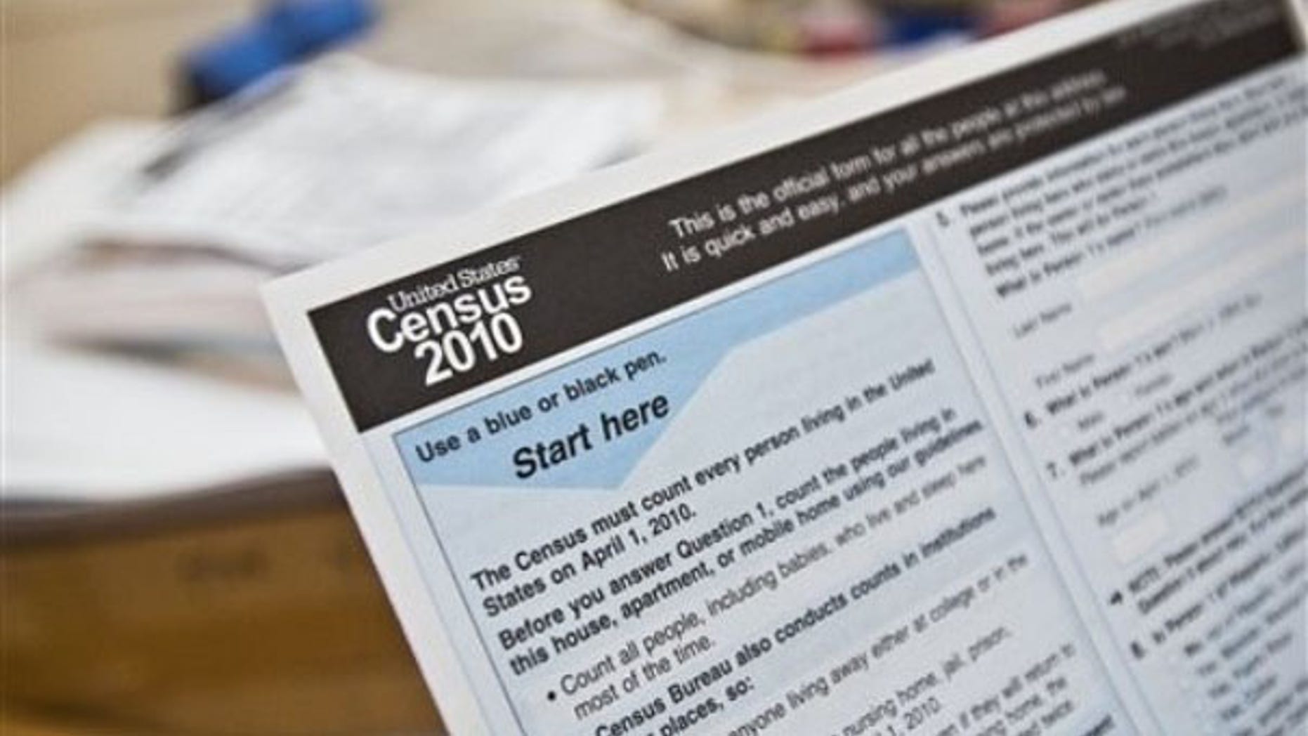 In this April 1 photo, a copy of a 2010 Census form is shown at a Census event at the Caldwell Housing Authority in Caldwell, Idaho. (AP Photo)