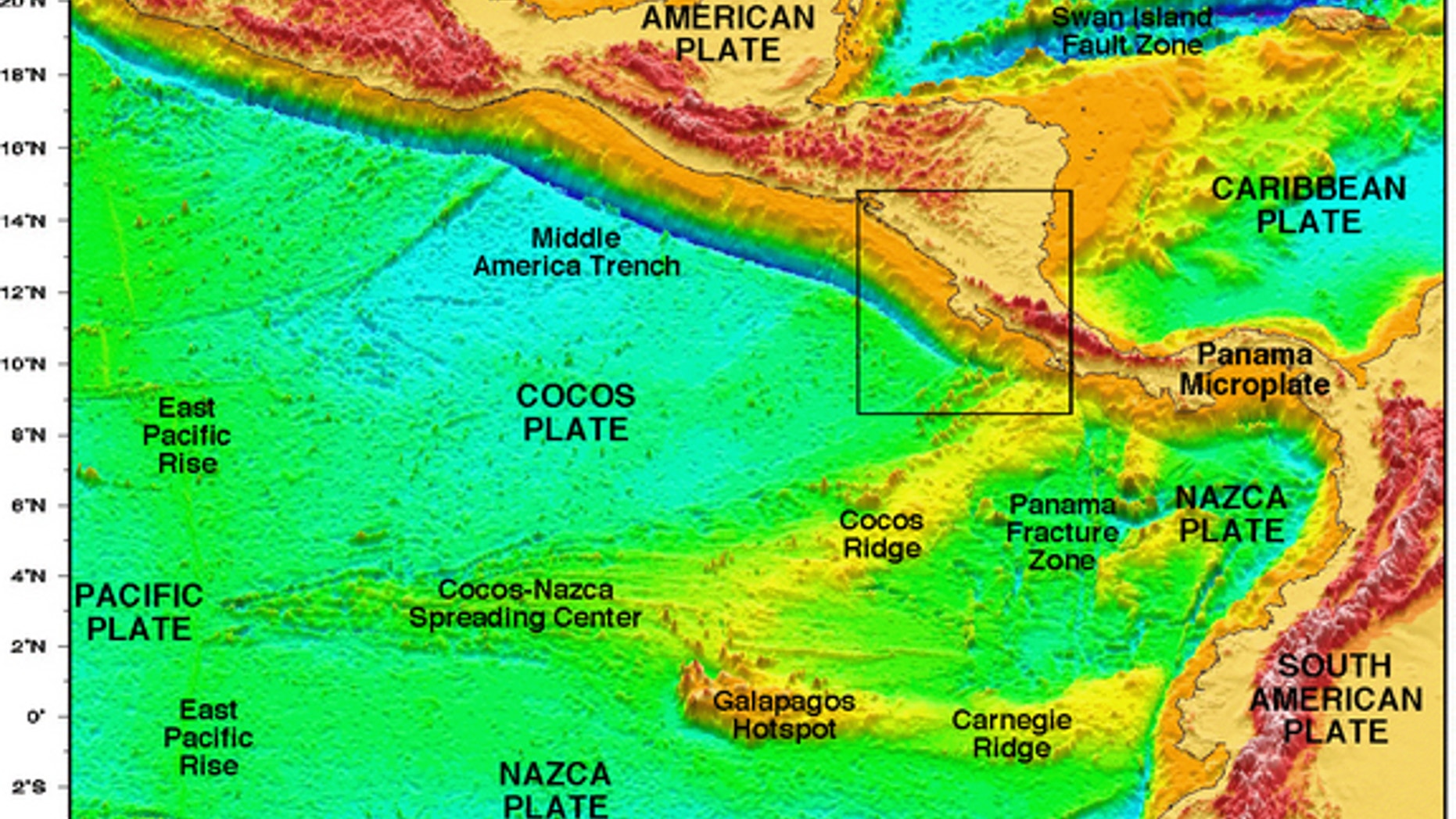 Digital elevation model of Central America and the Cocos, Nazca and Caribbean tectonic plates. The Middle America Trench marks where the Cocos Plate subducts beneath the Caribbean Plate.