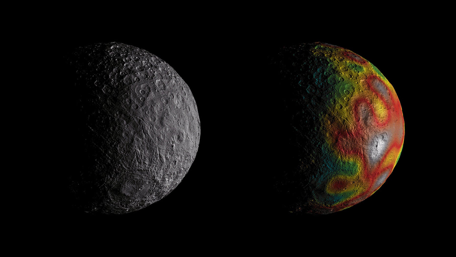 This still of Ceres from a NASA animation based on data from the Dawn spacecraft in orbit shows the dwarf planet (and largest asteroid) as it appears to the probe (left) and with a gravity-field map overlaid in false color. Red areas indicate regions where gravity is stronger on Ceres, while blue denotes a weaker gravity field.