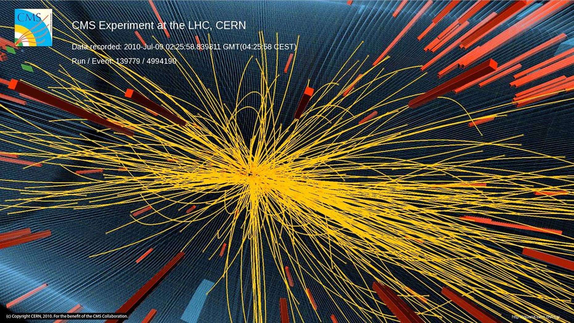 A proton-proton collision at the Large Hadron Collider particle accelerator at CERN laboratory in Geneva that produced more than 100 charged particles.