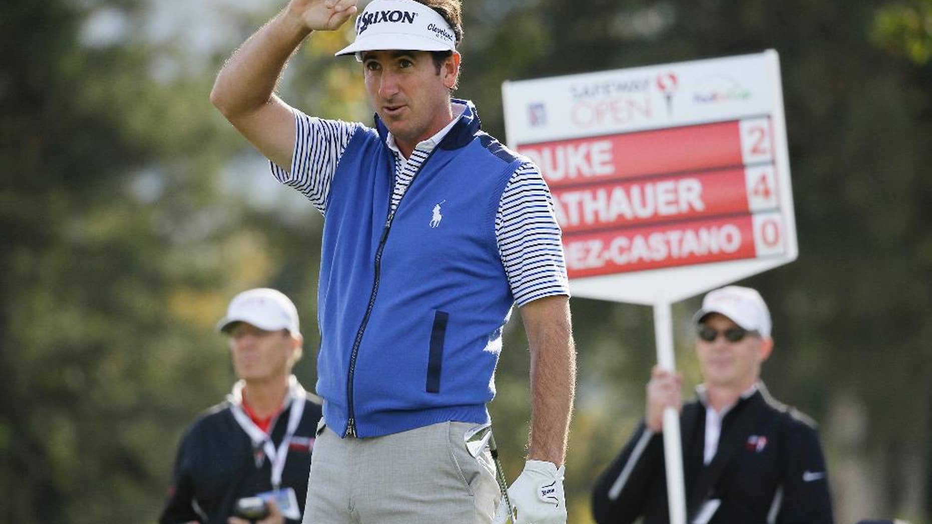 FILE - In this Oct. 13, 2016, file photo, Gonzalo Fernandez-Castano, of Spain, follows his shot from the second tee of the Silverado Resort North Course during the first round of the Safeway Open PGA golf tournament in Napa, Calif. Fernandez-Castano moved his family from Spain to play the PGA Tour card, lost his card, and spent a year in the minors working to get it back. (AP Photo/Eric Risberg, File)