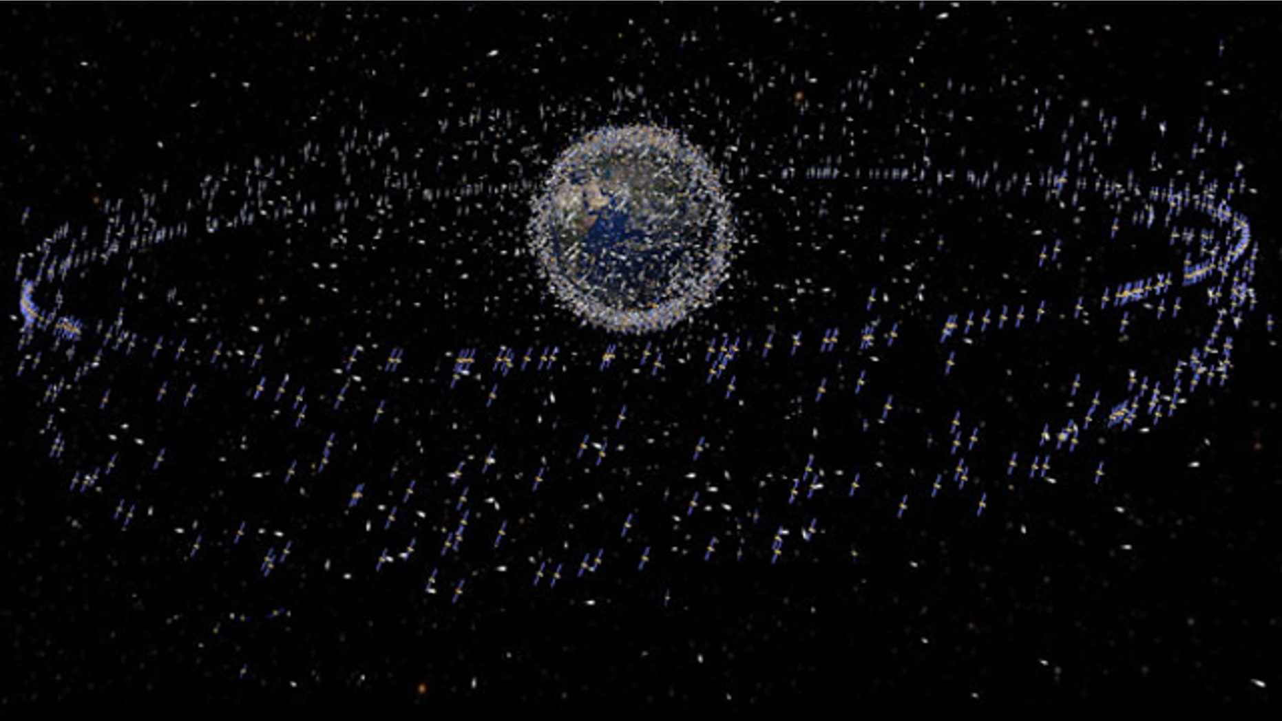 This graphic depicts the trackable object, satellites and space junk, in orbit around Earth.