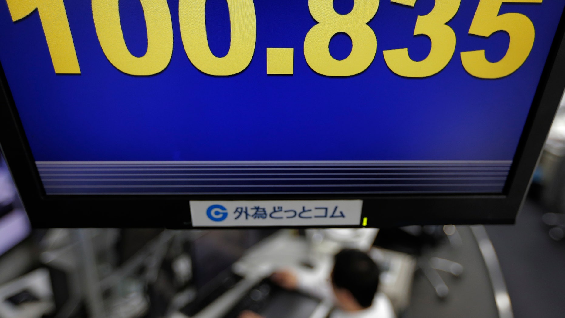 Money traders work under a screen indicating the U.S. dollar is traded at 100.835 yen at a foreign exchange company in Tokyo, Friday, May 10, 2013.(AP Photo/Itsuo Inouye)