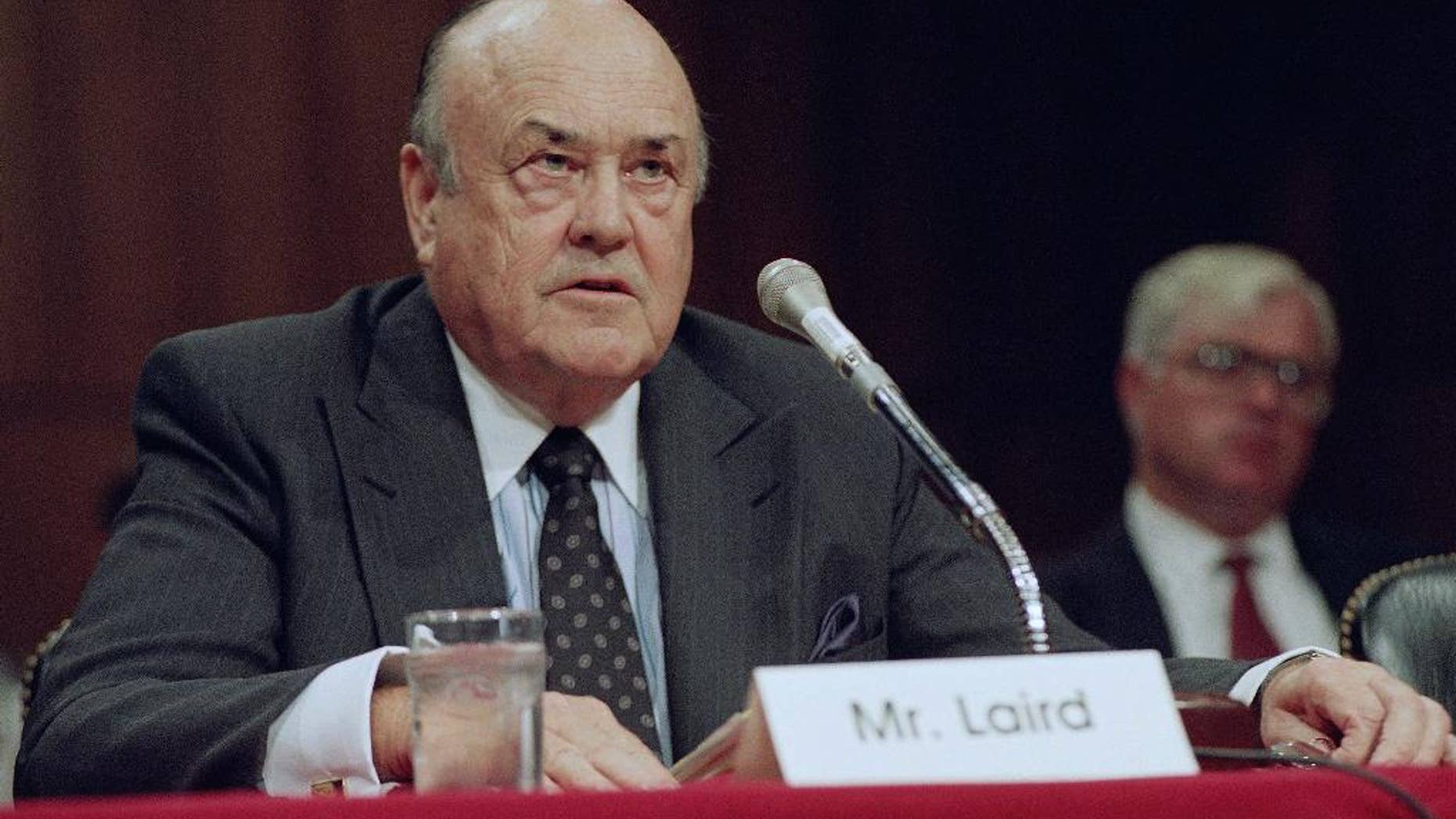 FILE - In this Sept. 1992 file photo, former Defense Secretary Melvin R. Laird testifies on Capitol Hill in Washington. Laird, Defense Secretary under Richard Nixon who helped engineer withdrawal of U.S. troops from Vietnam, has died. (AP Photo/John Duricka, File)