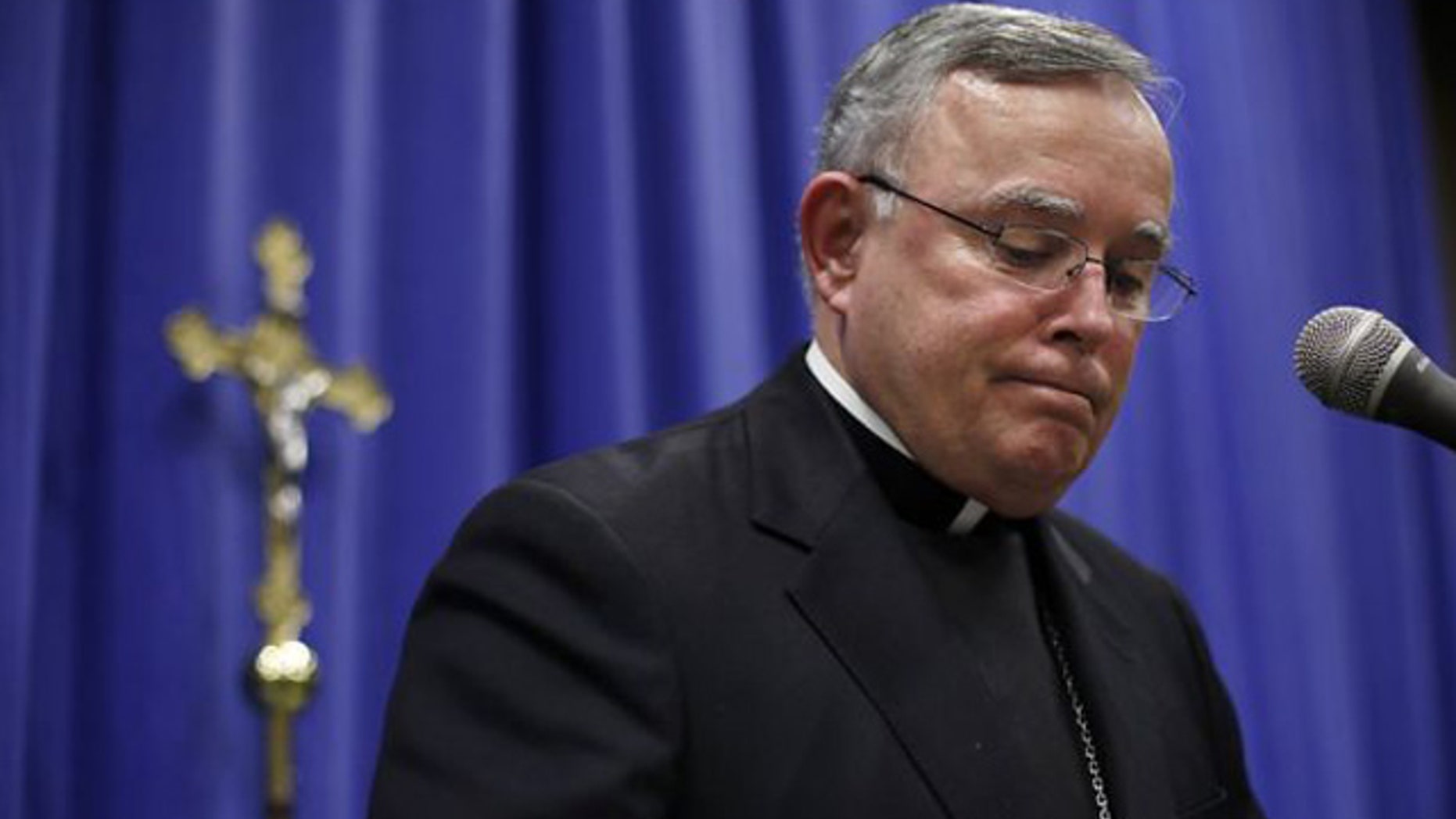 May 4, 2012: Archbishop of Philadelphia Charles Chaput reads his statement during a news conference in Philadelphia. Chaput announced that five priests were deemed unsuitable for ministry because of substantiated allegations of sexual abuse or other inappropriate conduct. (AP)