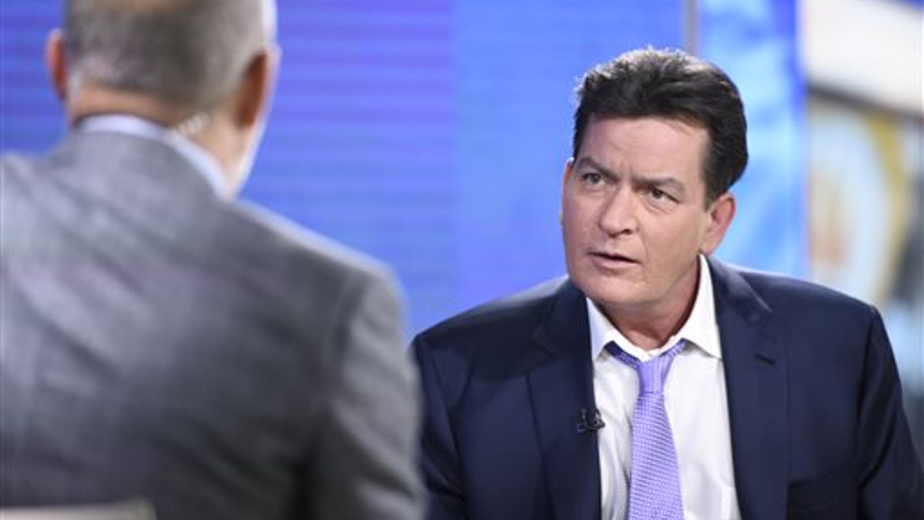 Former "Two and a Half Men" star Charlie Sheen, right, is interviewed by Matt Lauer, Tuesday, Nov. 17, 2015 on NBC's "Today" in New York. In the interview, the 50-year-old Sheen said he tested positive four years ago for the virus that causes AIDS. (Peter Kramer/NBC via AP)