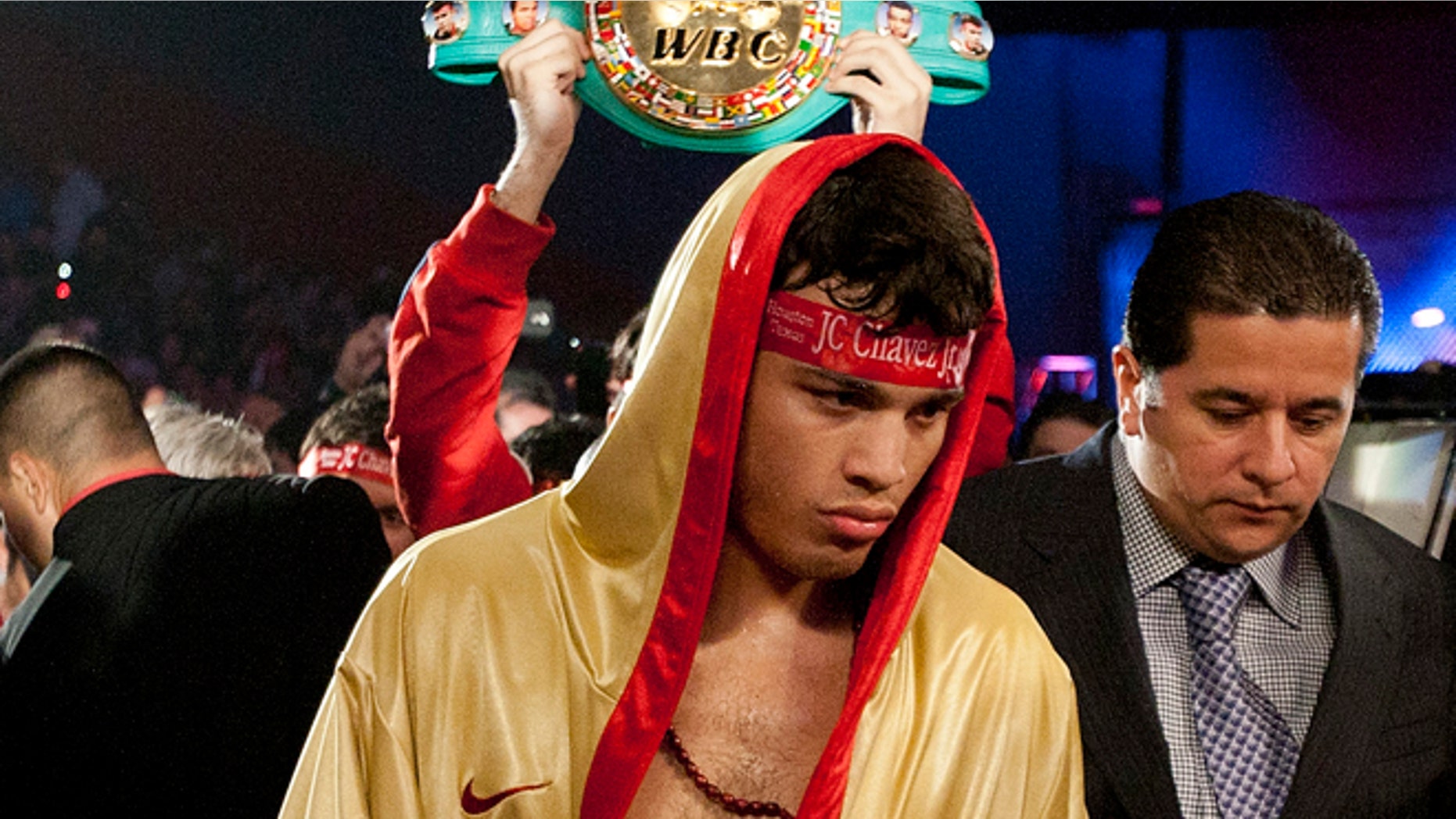 HOUSTON - NOVEMBER 19: World Middleweight Champion Julio Chavez Jr. makes his way to the ring to defend his belt against Peter Manfredo Jr. at Reliant Arena at Reliant Park on November 19, 2011 in Houston, Texas. (Photo by Bob Levey/Getty Images)