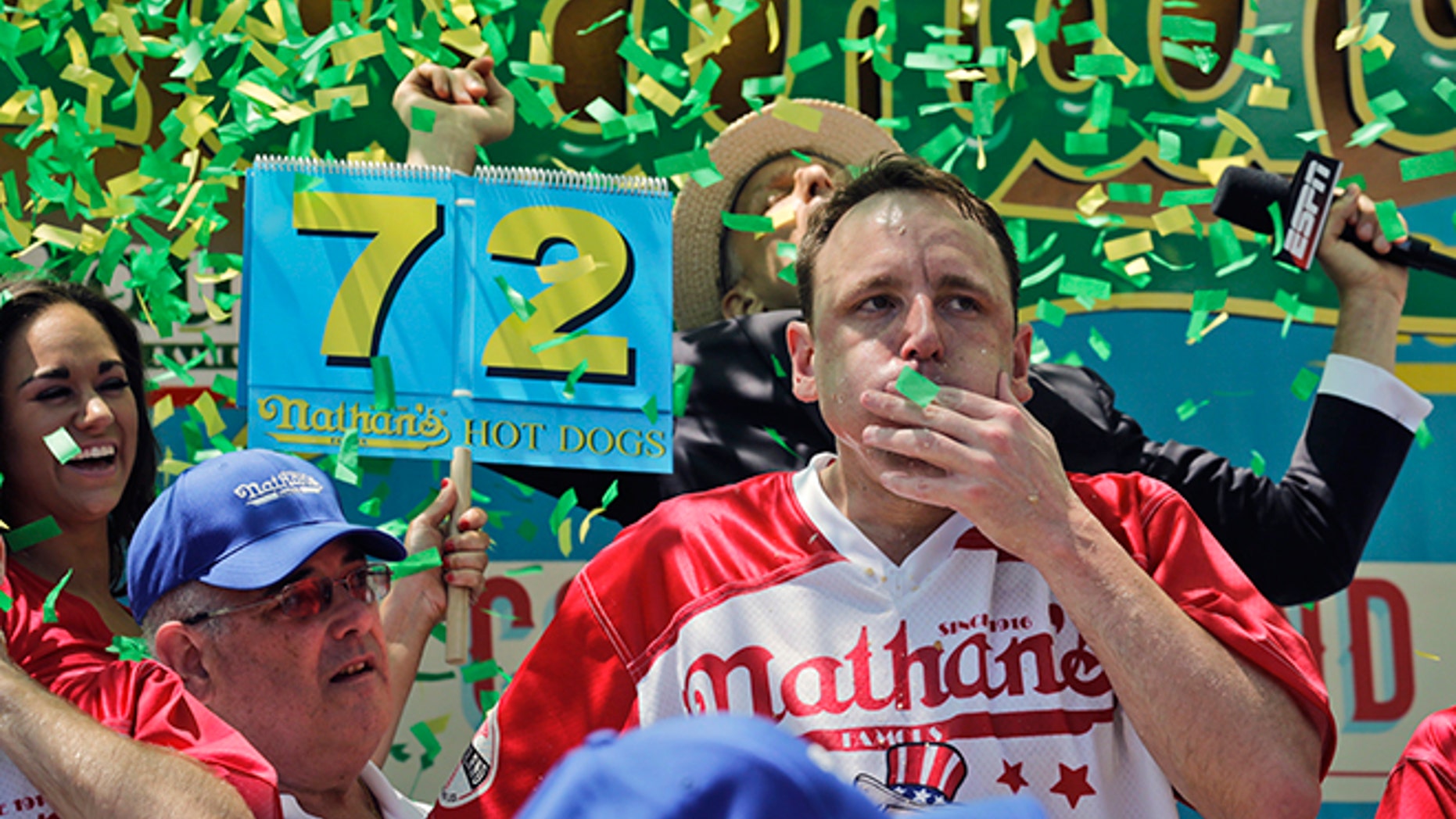 Joey Chestnut wins the Nathan's Annual Famous International Hot Dog Eating Contest in 2017.