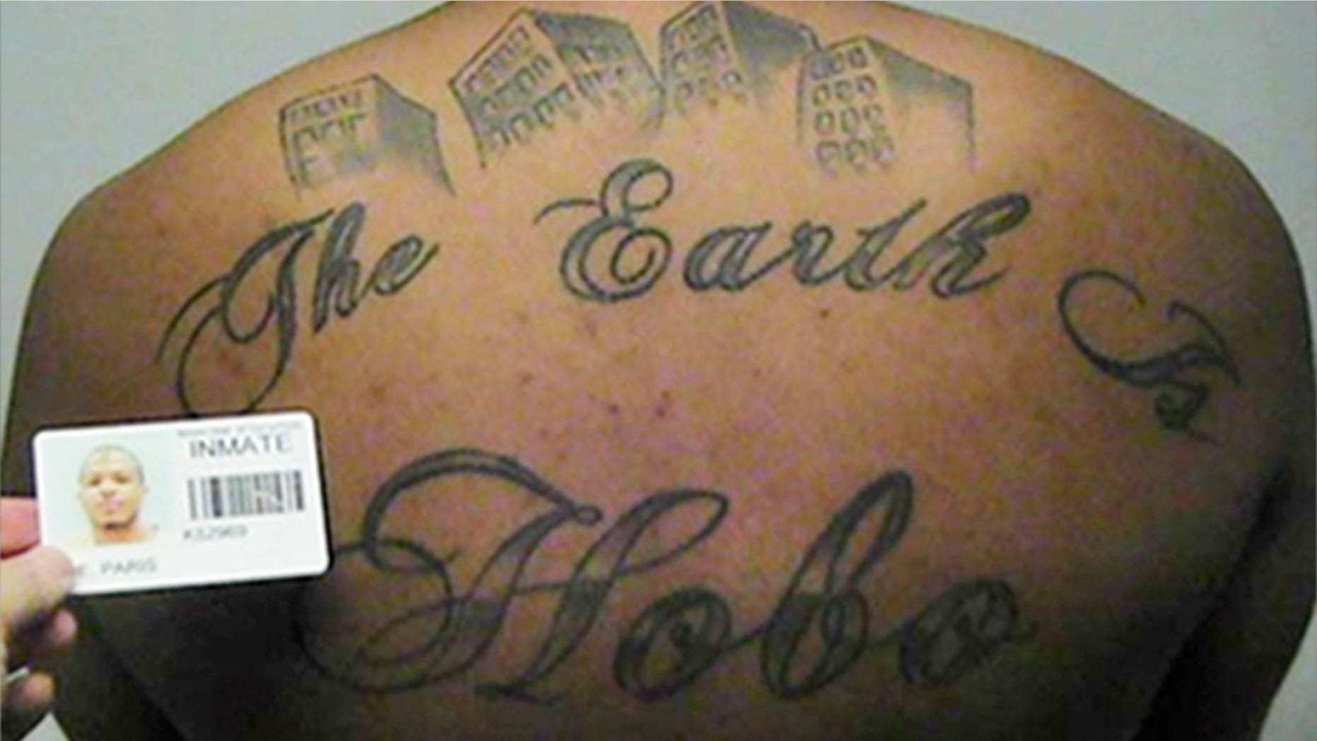This undated file photo shows Paris Poe's back tattoo that reads "The Earth Is Our Turf", and Hobo.
