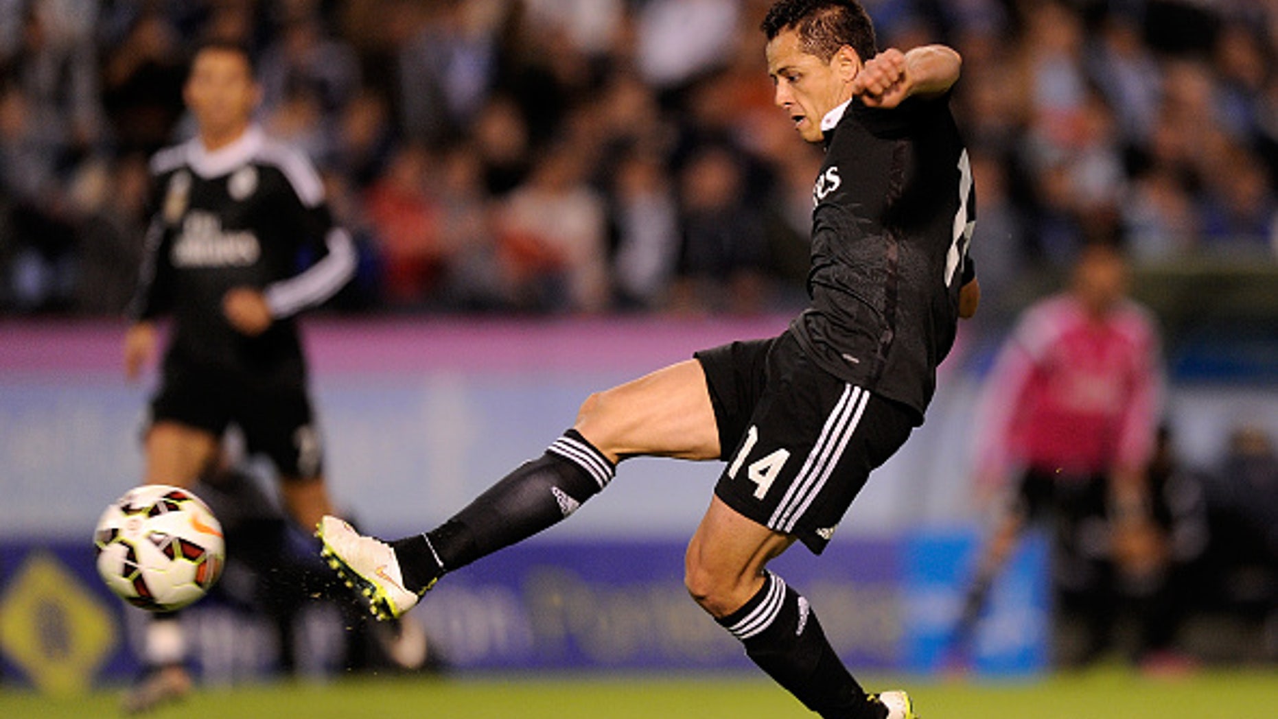 VIGO, SPAIN - APRIL 26: Javier & Chicharito Hernandez of Real Madrid scores Real's 4th goal during the La Liga match between Celta Vigo and Real Madrid CF at Estadio Balaidos in Vigo, Spain.