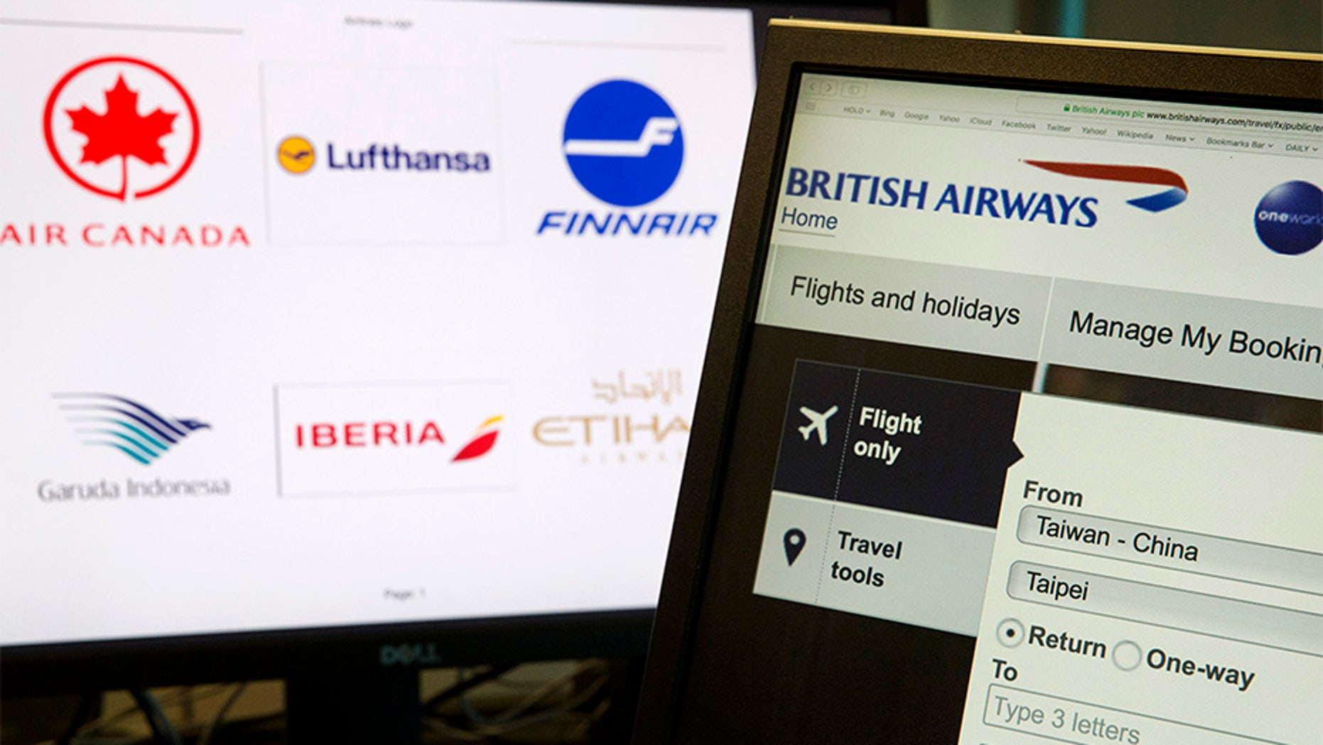 May 21, 2018: A computer screens display the booking website of British Airways showing "Taiwan-China" in Beijing, China.