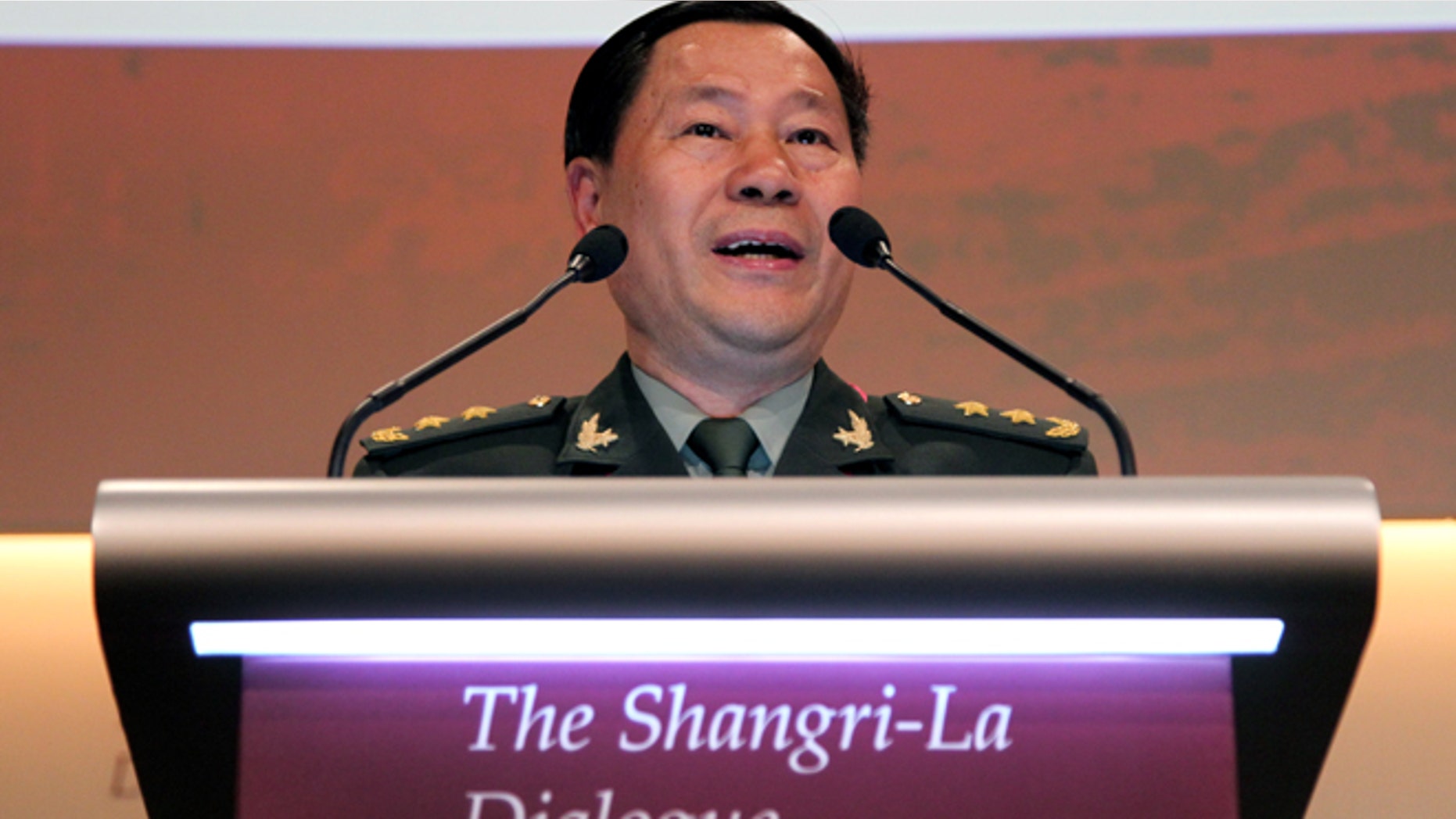 June 2, 2013: China's Lt. Gen. Qi Jianguo, Deputy Chief of General Staff, Peoples Liberation Army, delivers his speech at the International Institute for Strategic Studies Shangri-la Dialogue, or IISS Asia Security Summit in Singapore.