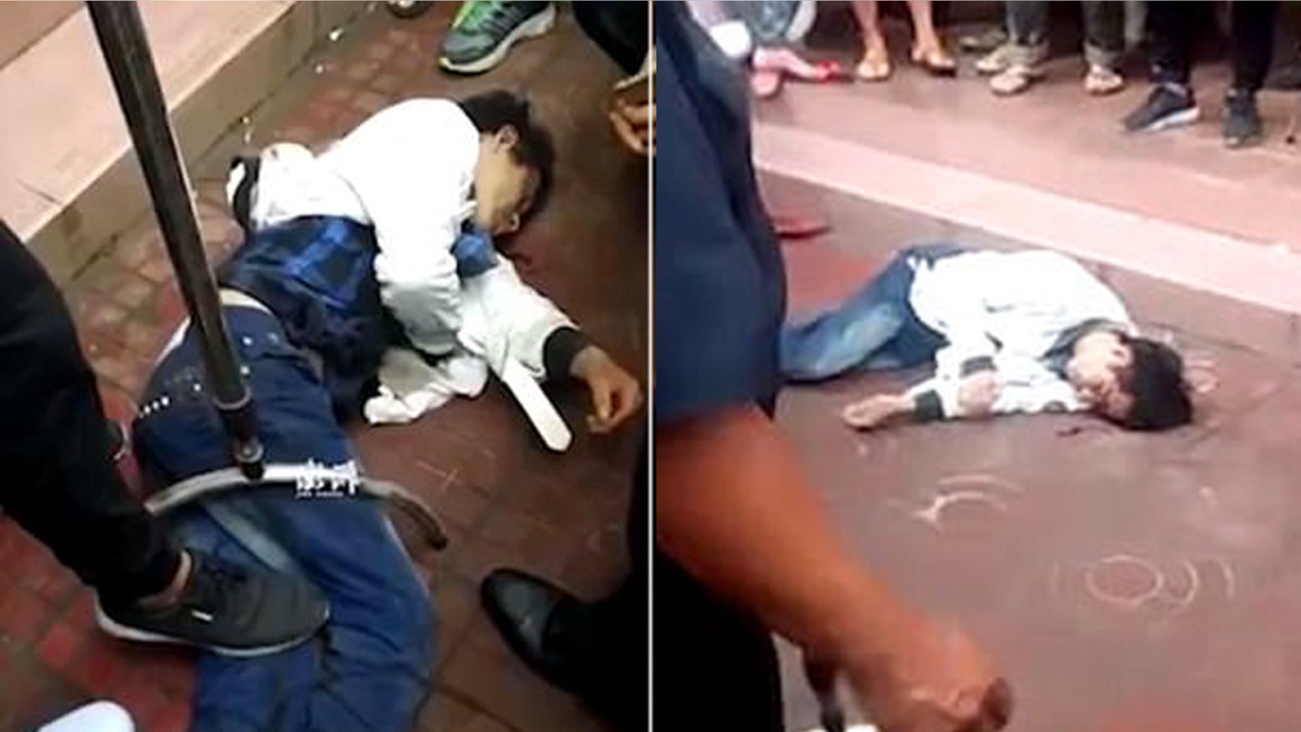 Video at a school in China showed a man on the ground after he allegedly barged into an elementary school and slashed five children.