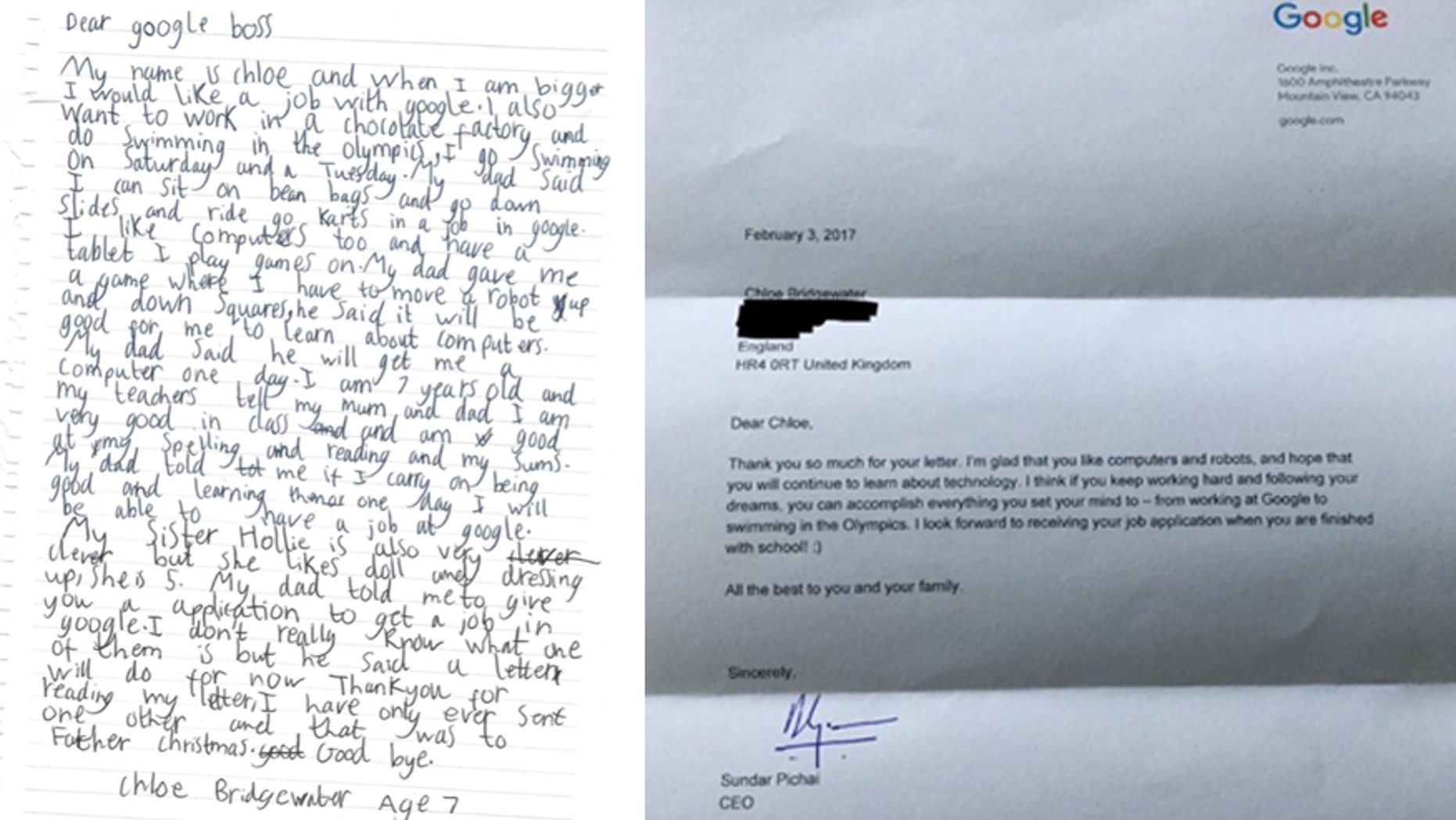 (Left) Letter Chloe Bridgewater, 7, sent to Google. (Right) Response letter from Google CEO Sundar Pichai.