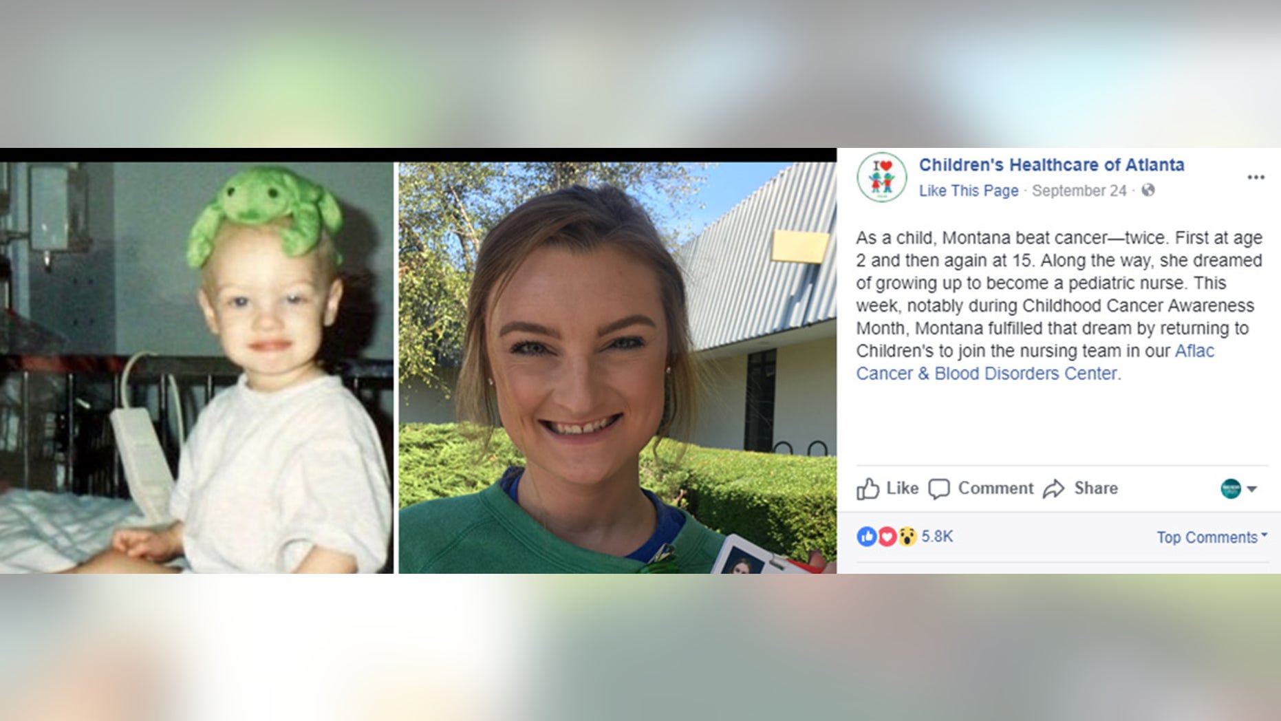 Children's Healthcare of Atlanta shared the above photos of Montana, where she is seen as a patient on the left, and as a nurse on the right.