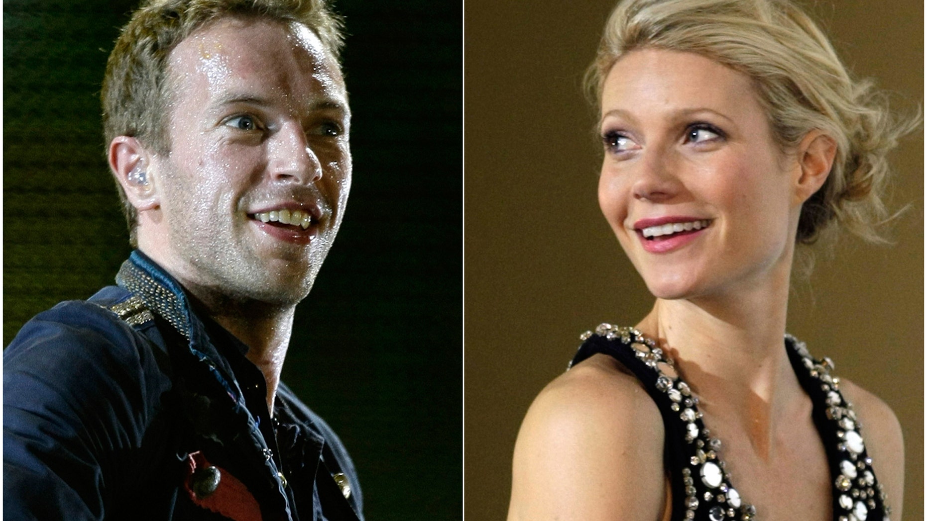 Combo picture of singer Chris Martin of Coldplay performing during a concert on September 4, 2009 and actress Gwyneth Paltrow posing during the premiere of her film "Iron Man" in Berlin April 22, 2008.