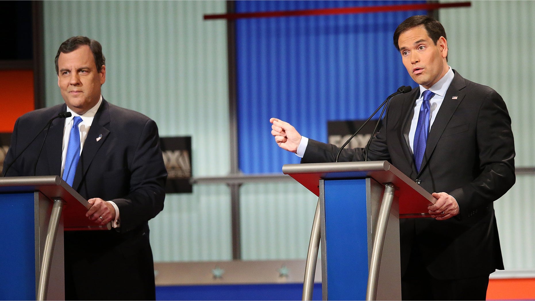 NORTH CHARLESTON, SC - JANUARY 14: Republican presidential candidates (L-R) New Jersey Governor Chris Christie and Sen. Marco Rubio (R-FL) participate in the Fox Business Network Republican presidential debate at the North Charleston Coliseum and Performing Arts Center on January 14, 2016 in North Charleston, South Carolina. The sixth Republican debate is held in two parts, one main debate for the top seven candidates, and another for three other candidates lower in the current polls. (Photo by Scott Olson/Getty Images)