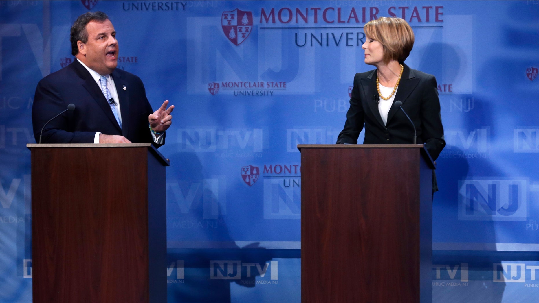 New Jersey Gov. Chris Christie and Democratic challenger Barbara Buono during their debate at Montclair University, Tuesday, Oct. 15, 2013.