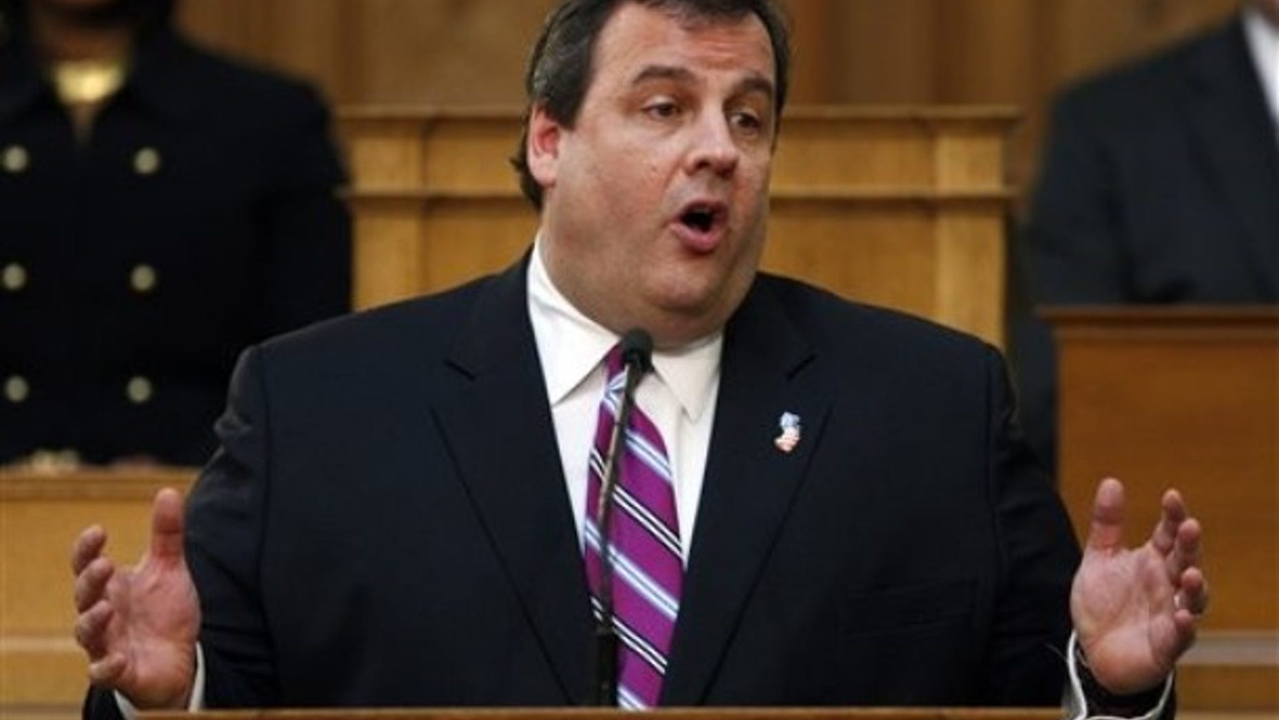 March 16: Gov. Chris Christie gestures as he delivers his New Jersey budget address in Trenton, N.J. (AP Photo)