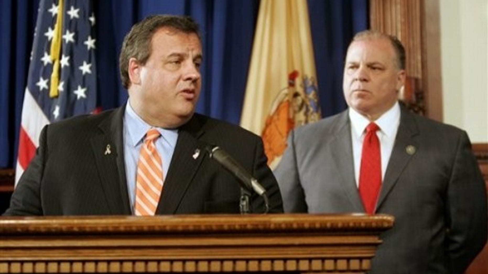 FILE: In this May, 2, 2011, photo, New Jersey Gov. Chris Christie and Senate President Stephen M. Sweeney discuss Supreme Court vacancies. They are now working together on health benefits contributions from state workers.