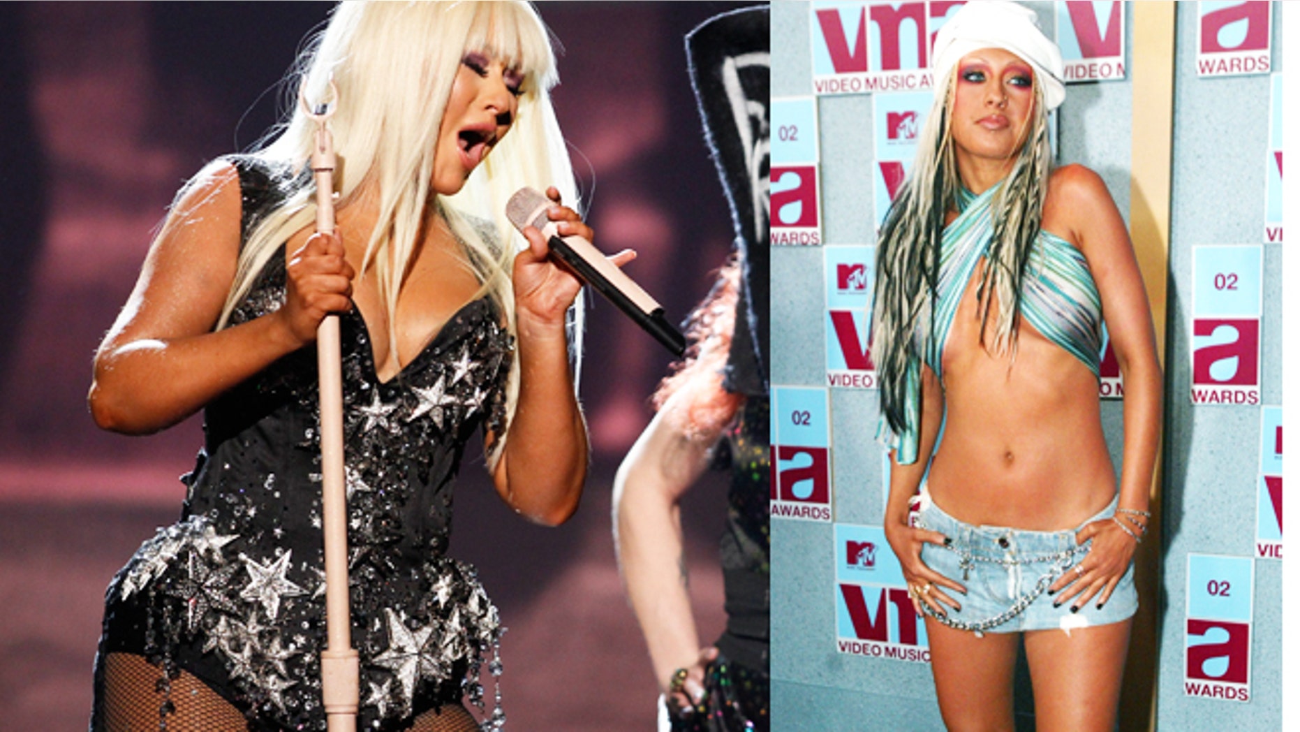 Christina Aguilera at 2012 AMAs (left) and 2002 VMAs.
