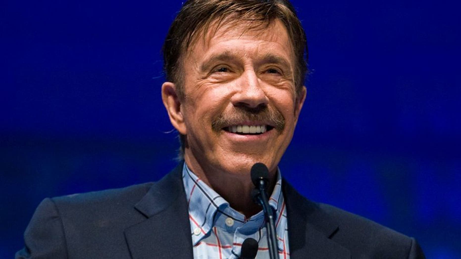 Actor Chuck Norris speaks during the National Rifle Association's 139th annual meeting in Charlotte, North Carolina May 14, 2010.