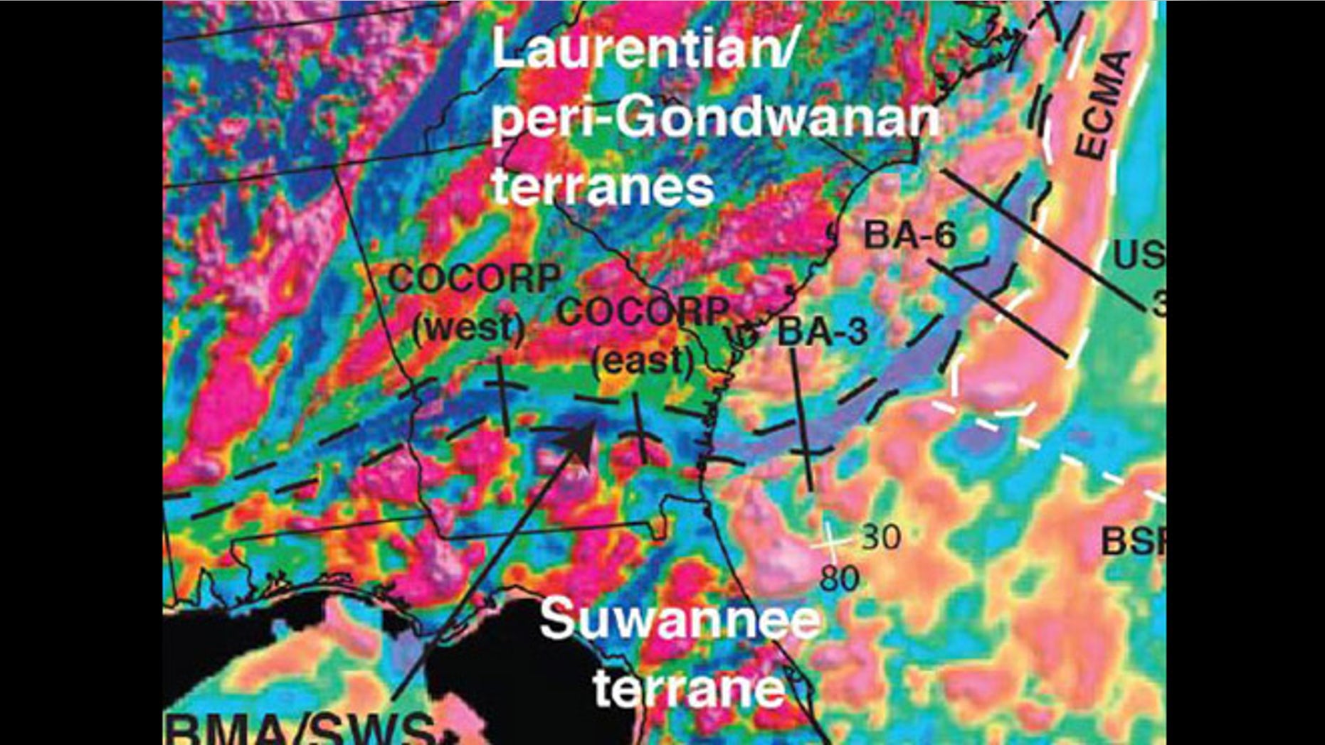 This is an aeromagnetic map of the eastern margin of North America showing, among other things, Brunswick magnetic anomaly (BMA) and East Coast magnetic anomaly (ECMA).