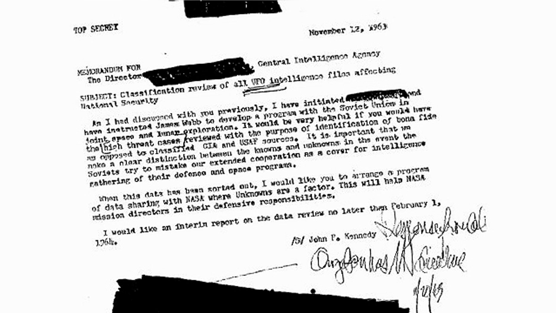 A redacted CIA memo that some claim suggests President John F. Kennedy wanted more information on UFOs during the Cold War.