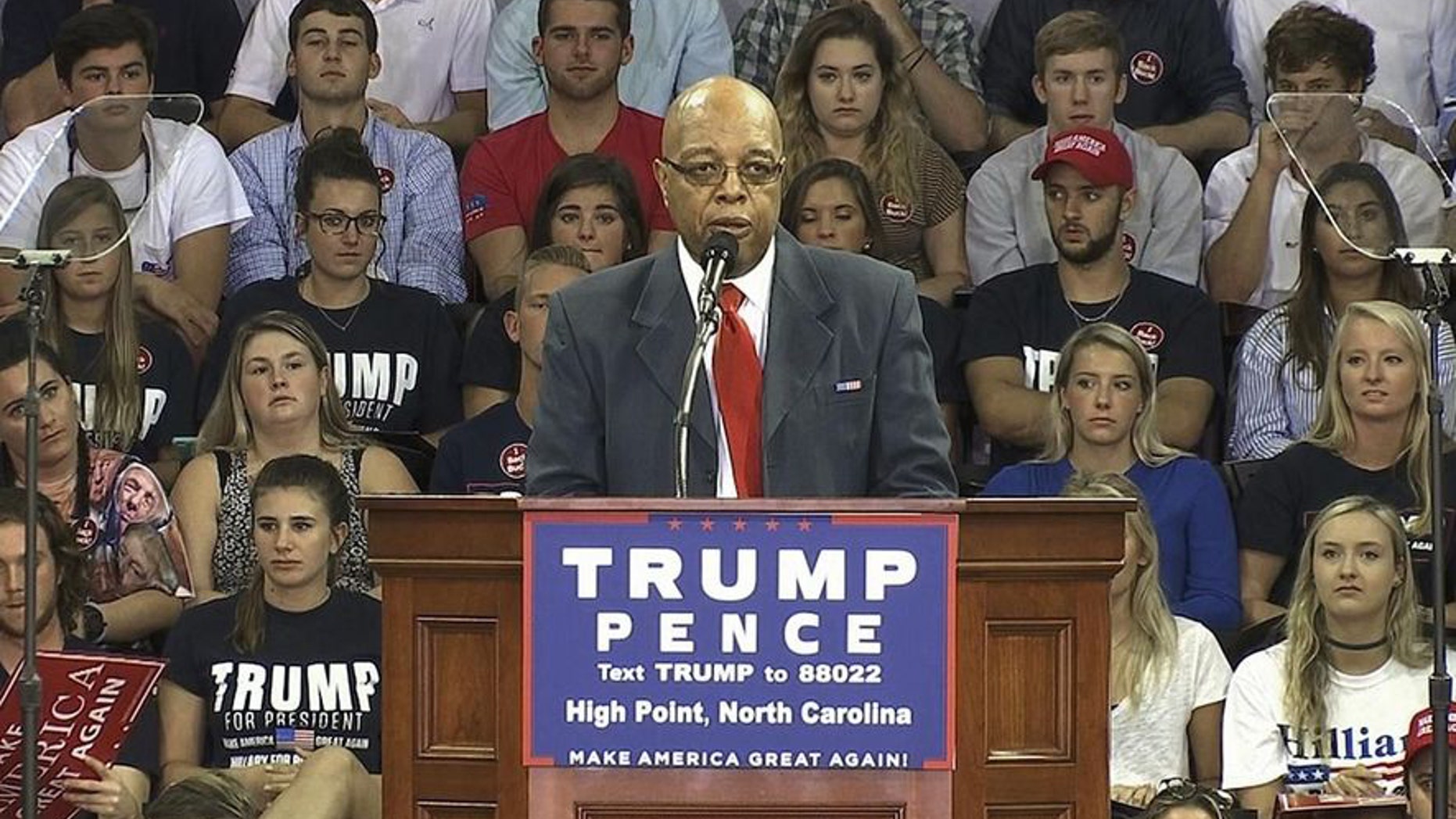 FILE -- In this Tuesday, Sept. 20, 2016, image made from video, Clarence Henderson, a participant in the Feb. 1, 1960, sit-in at a Greensboro, N.C., Woolworth lunch counter, speaks at a campaign event in High Point, N.C., in support of Republican presidential candidate Donald Trump.
