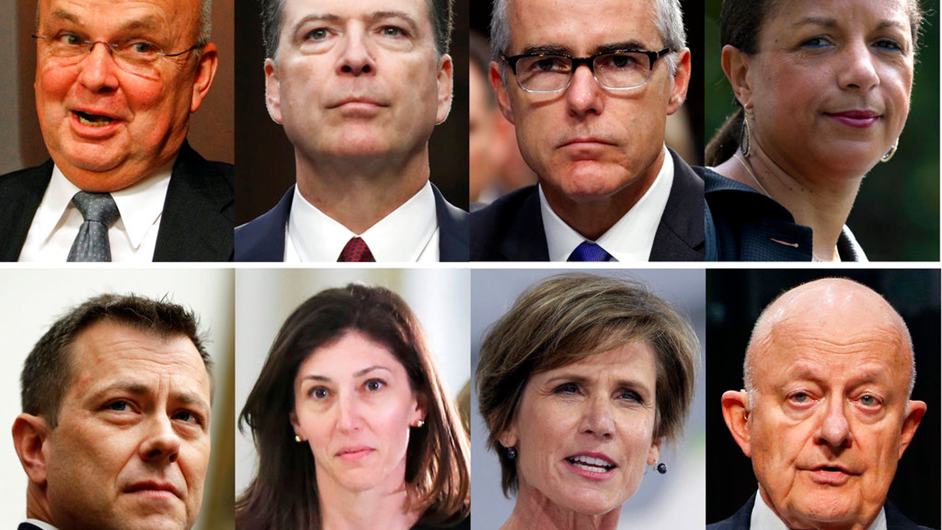 ADDS IDENTITY OF FORMER FBI LAWYER LISA PAGE - These file photos, top row from left are former CIA Director Michael Hayden, former FBI Director James Comey, former acting FBI director Andrew McCabe and former national security adviser Susan Rice. Bottom row from left are former FBI Deputy Assistant Director Peter Strzok, former FBI lawyer Lisa Page, former Deputy Attorney General Sally Yates and former National Intelligence Director James Clapper. President Donald Trump acted Aug. 15, 2018, on a threat and revoked the security clearance of former CIA Director John Brennan, citing a constitutional responsibility to protect classified information. Trump says he is reviewing security clearances for nine other individuals, including the eight pictured. (AP Photo/Files)