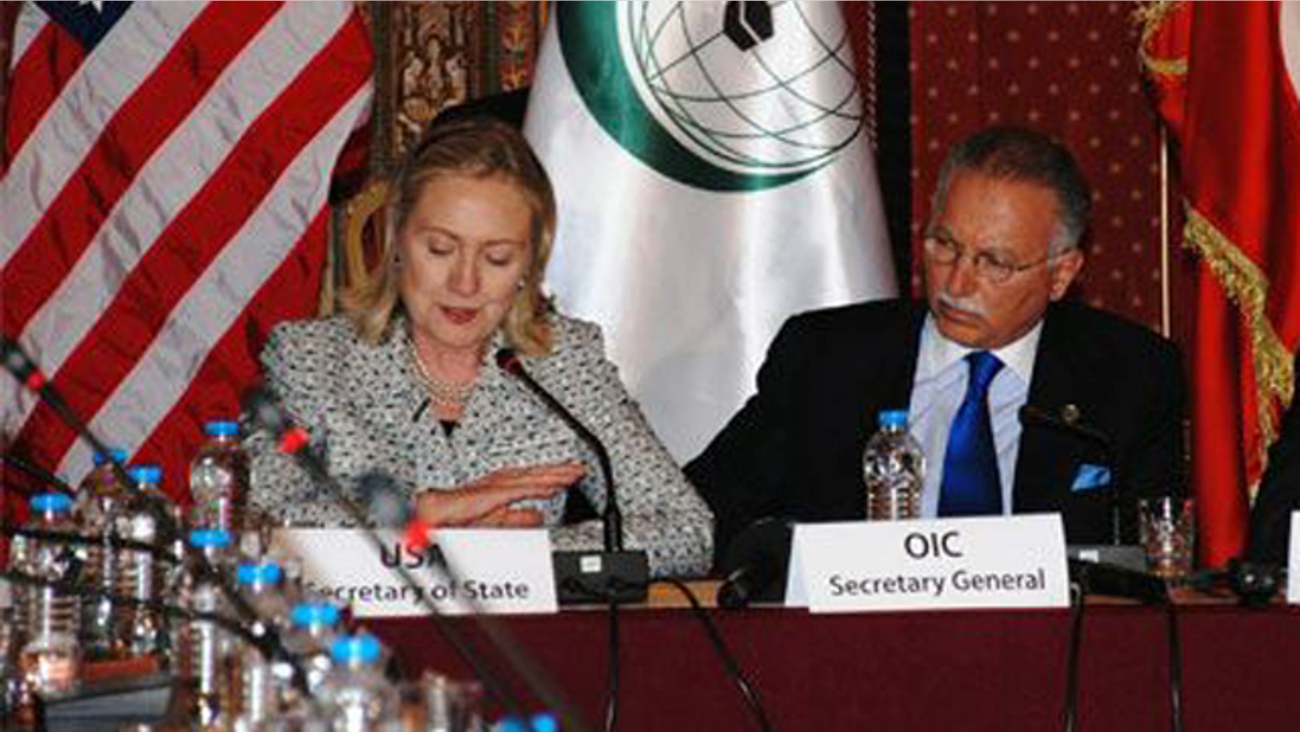 July 15, 2011: Shown here are Secretary of State Hillary Clinton and OIC Secretary General Ekmeleddin Ihsanoglu at a meeting in Istanbul.
