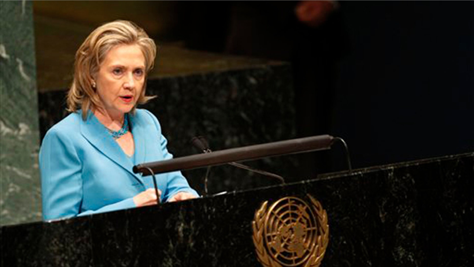 Secretary of State Hillary Clinton addresses the United Nations General Assembly Aug. 19 at United Nations headquarters. (AP Photo)